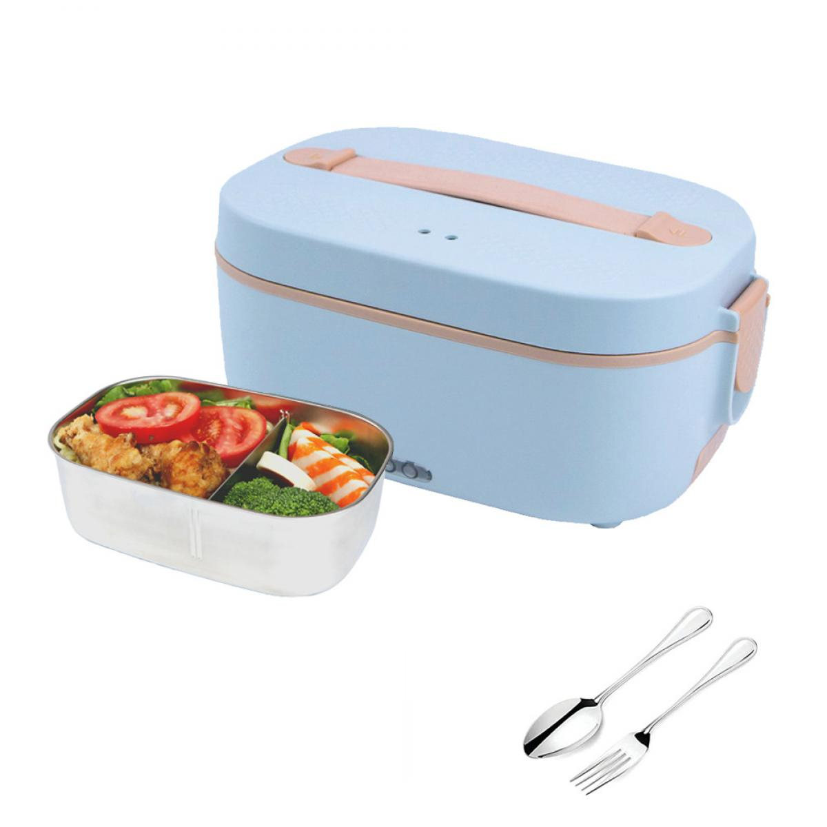 Eine hellblaue Lunchbox mit einem Edelstahlfach, das Essen enthält.