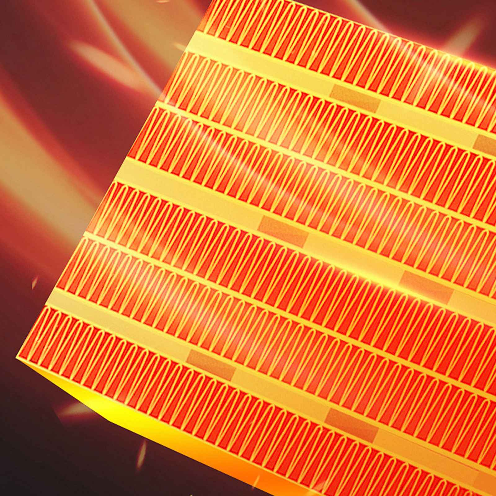 Nahaufnahme eines Heizelements eines Heizgeräts. Das Element besteht aus roten und gelben Materialien.