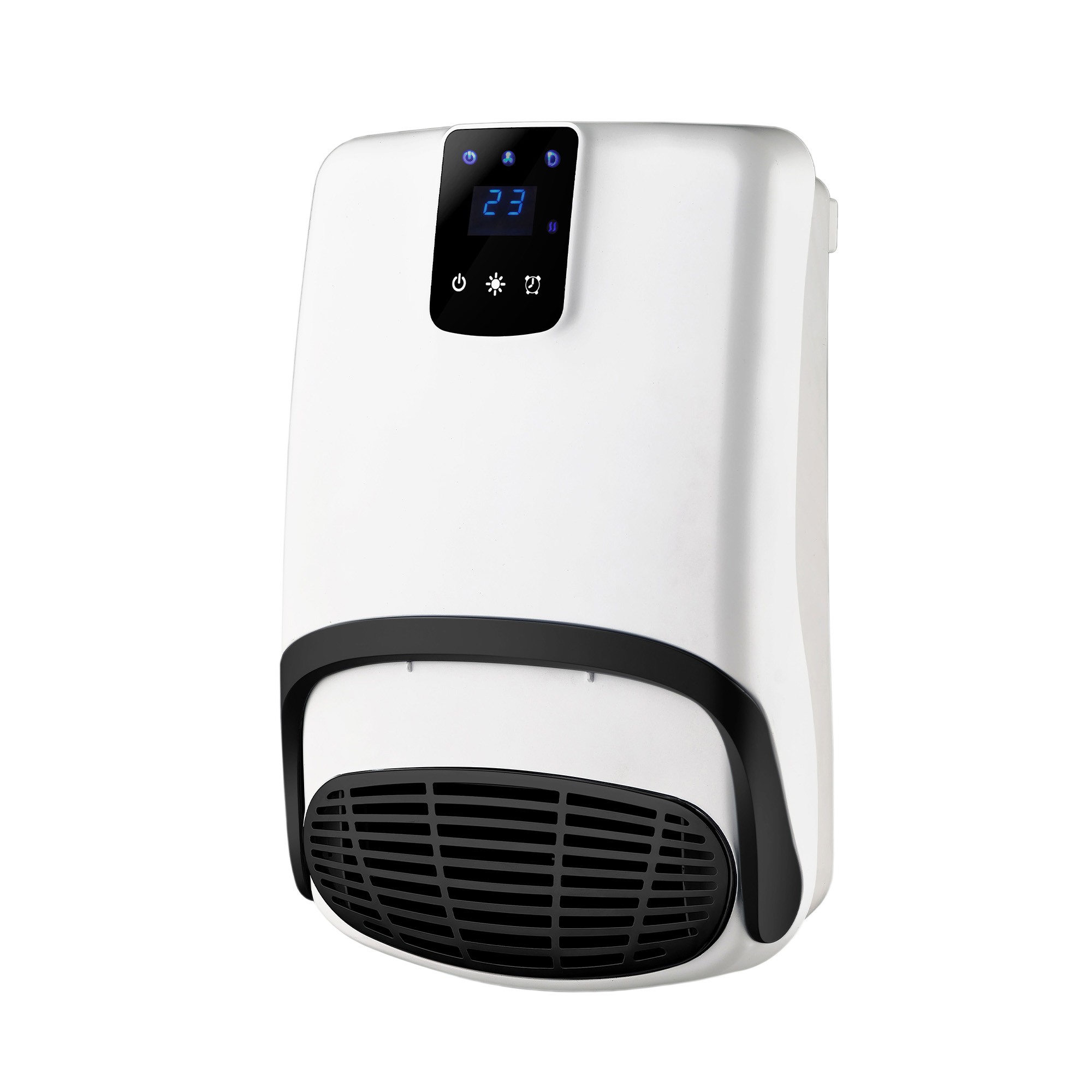 Ein weißer elektrischer Wandheizer mit schwarzem Grill. Er hat eine Digitalanzeige, die 23 zeigt.