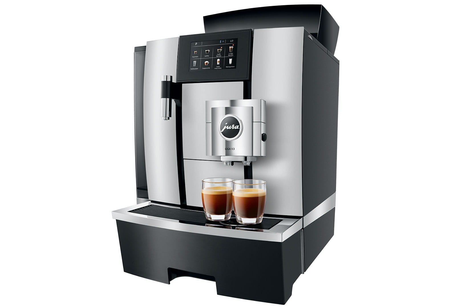 Una macchina da caffè Jura in argento e nero. Due bicchieri con caffè sono davanti.