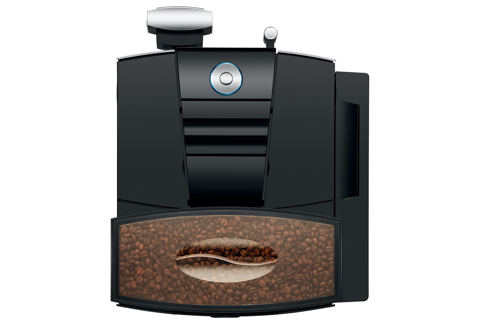 Macchina da caffè nera con contenitore per chicchi. Un pulsante blu è sul davanti.