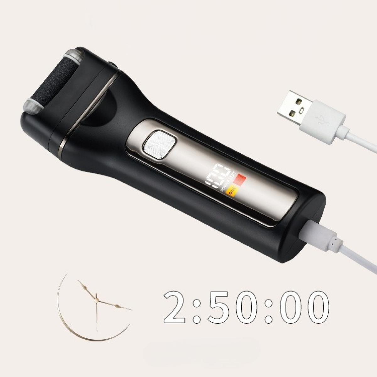 Fußpflegegerät, das mit einem USB-Kabel geladen wird. Anzeige zeigt '100'. Die Zeit ist 2:50:00.