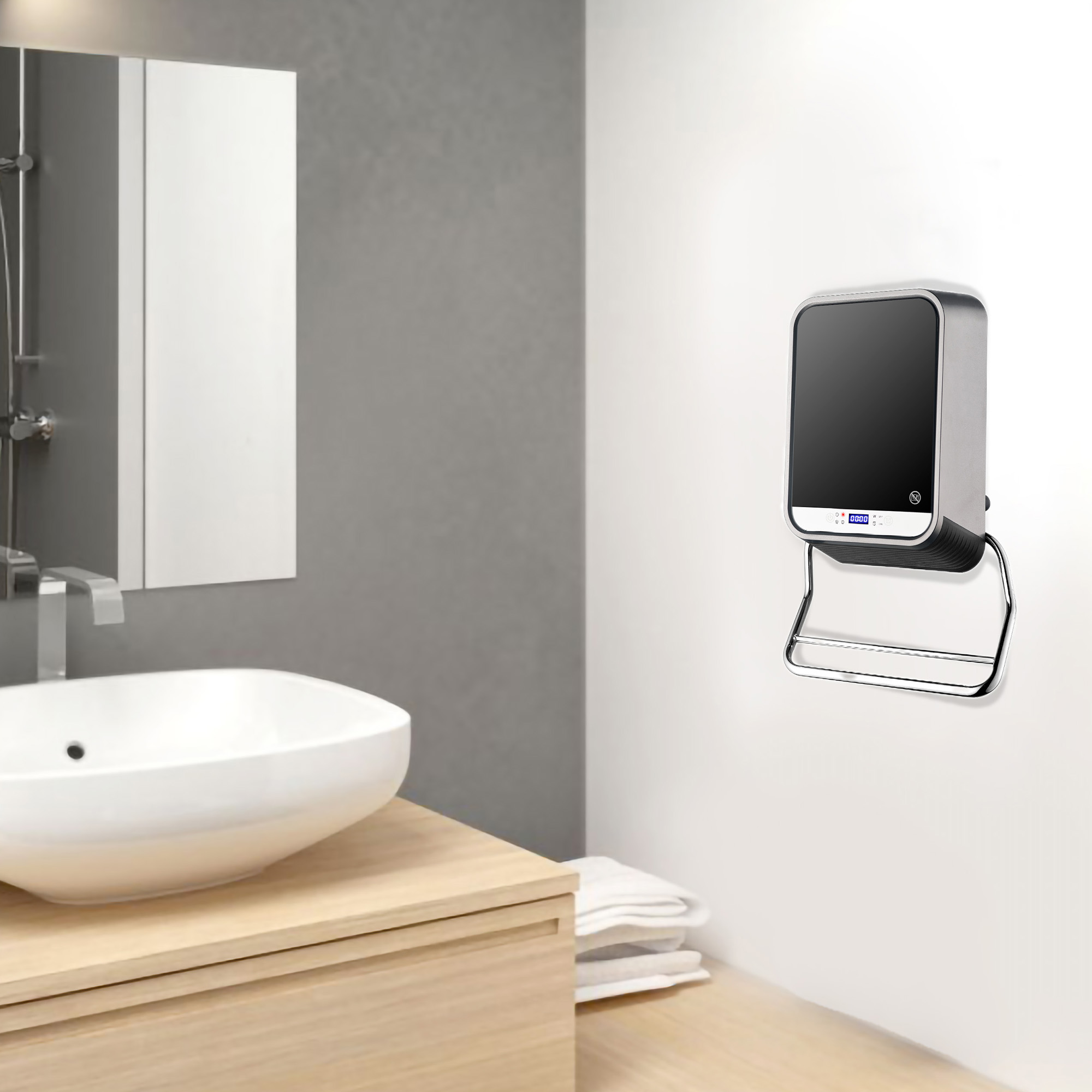 Ein modernes Badezimmer mit Spiegel, Waschbecken und einem an der Wand montierten Handtuchwärmer.