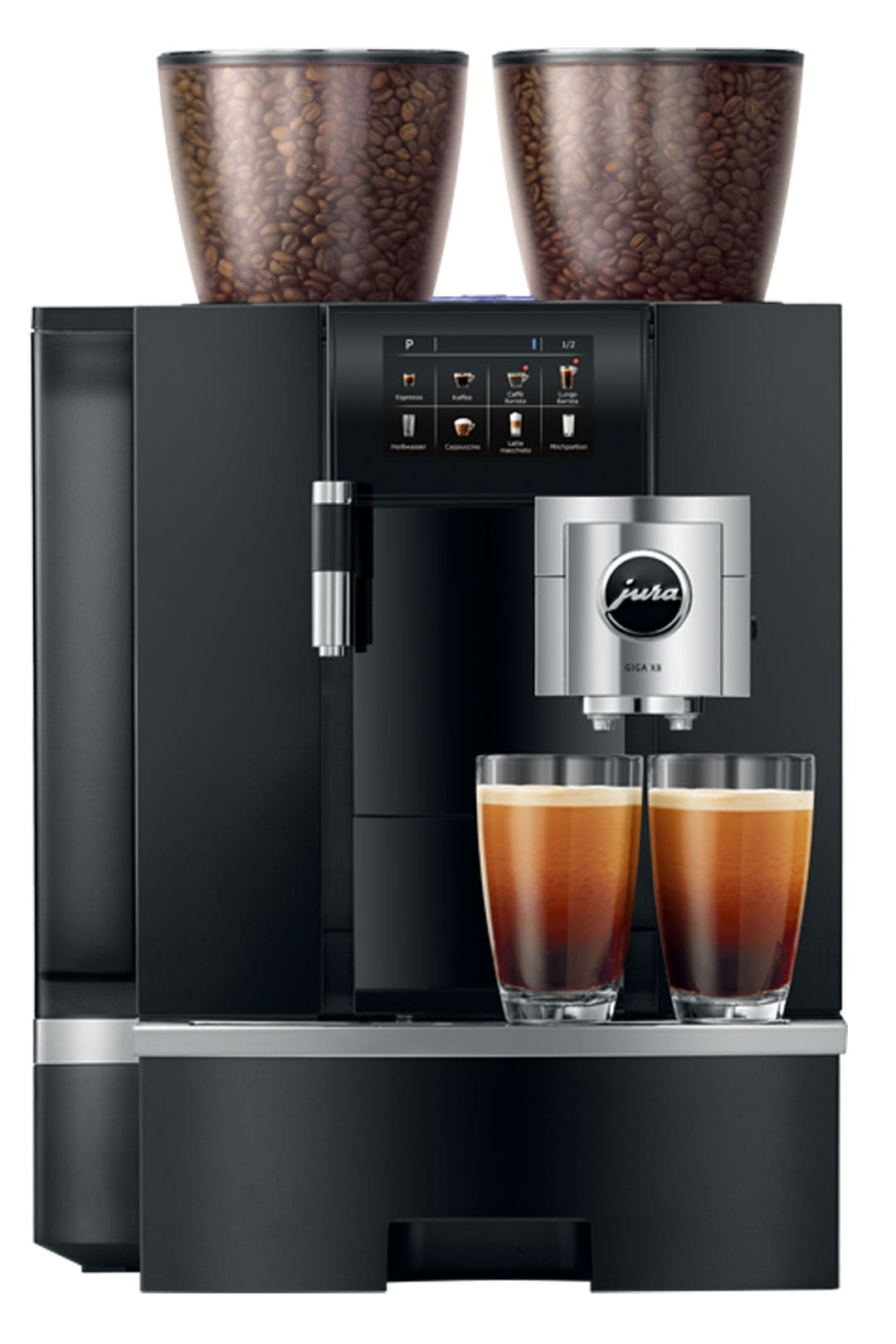 Una macchina da caffè Jura nera con due contenitori per chicchi, uno schermo e due tazze di caffè.