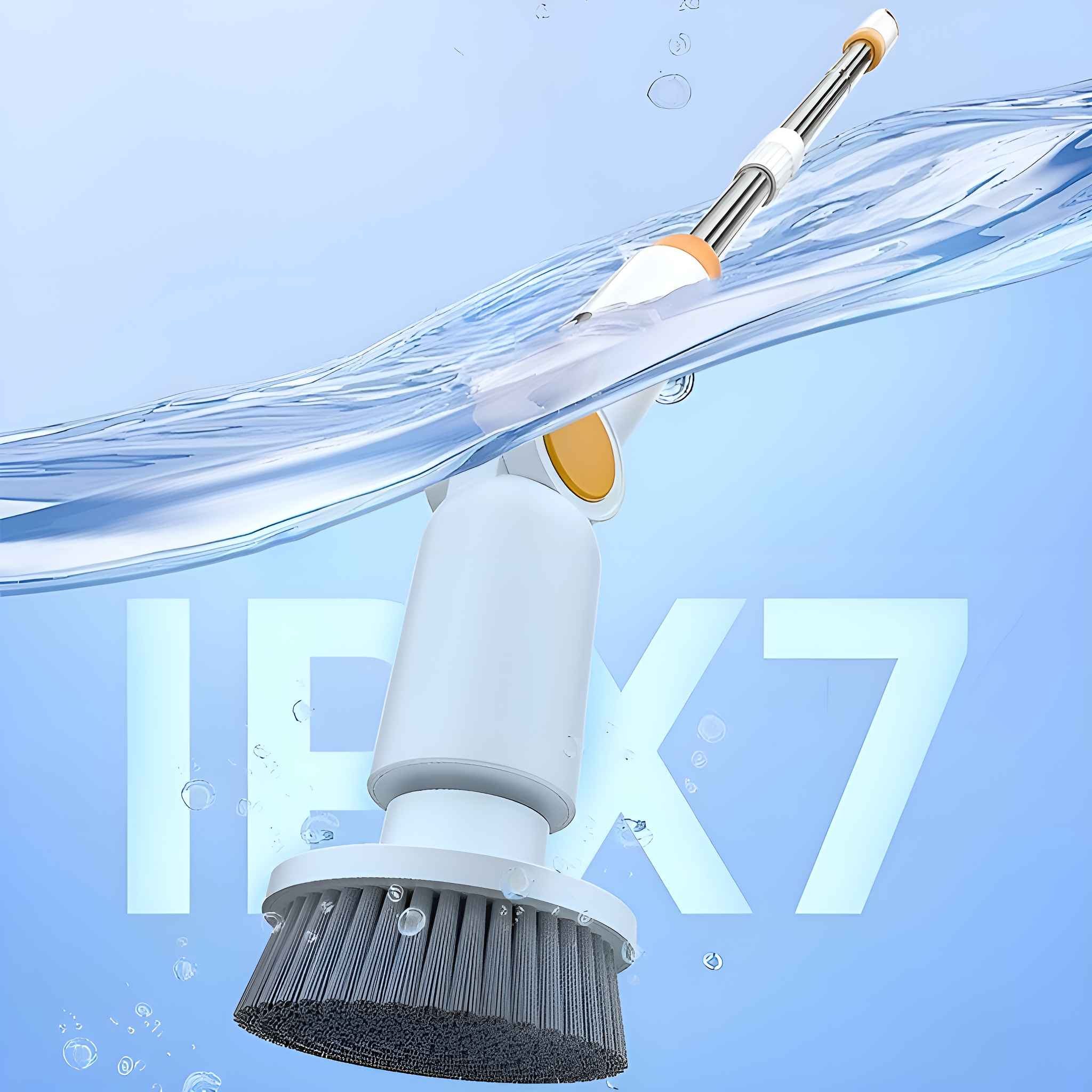 Eine weiße und orangefarbene elektrische Bürste, die in Wasser getaucht ist, mit einem IPX7-Etikett.