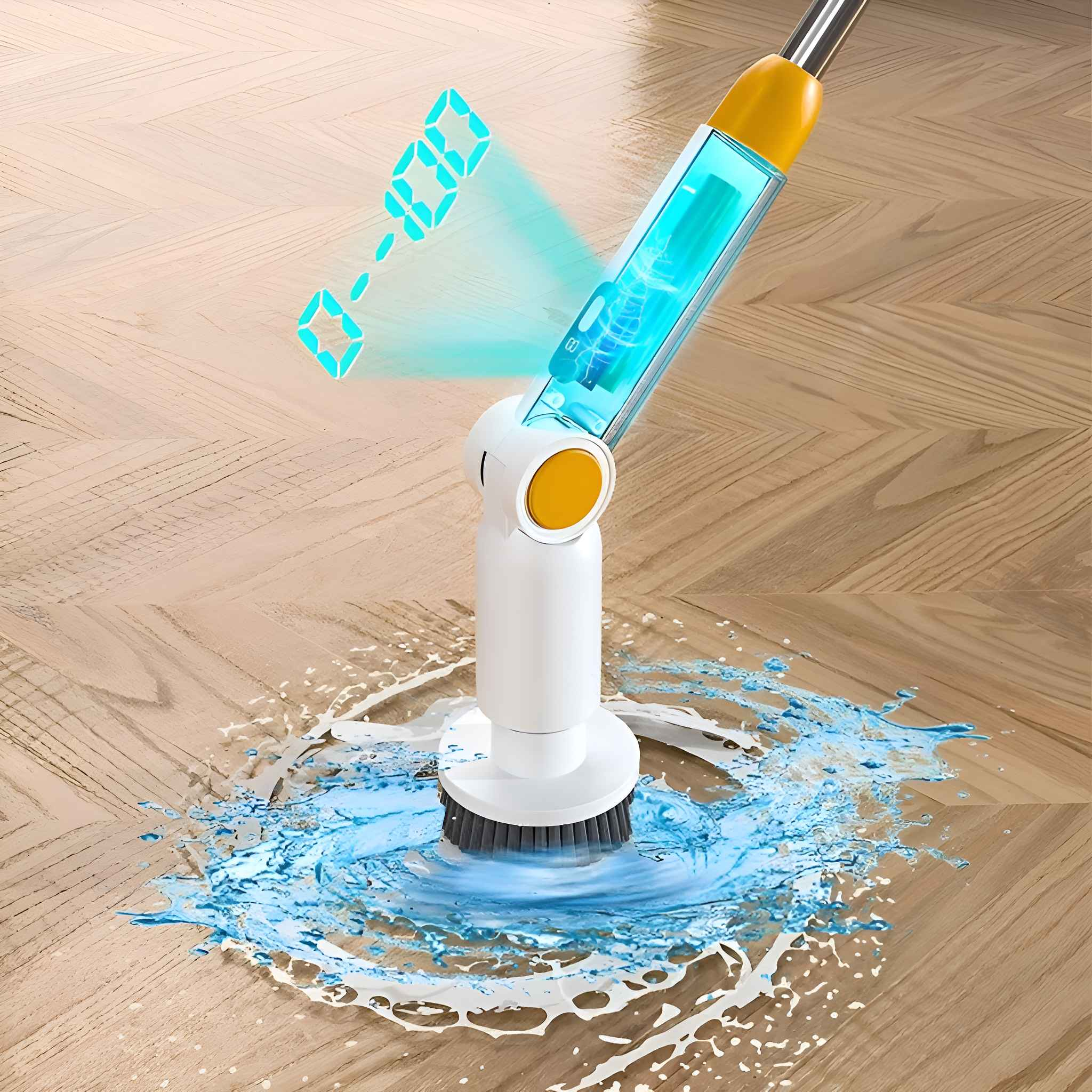 Eine weiße und gelbe Reinigungsbürste, die Wasser auf einen Holzboden sprüht, mit einer Digitalanzeige.