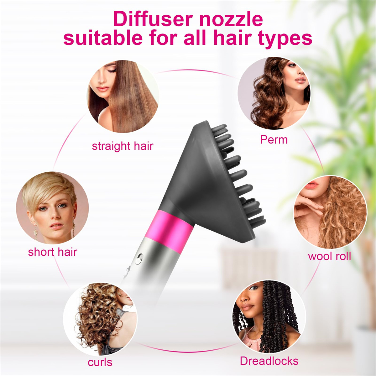 Ein Diffusordüsenaufsatz mit verschiedenen Haartypen: glatt, kurz, Dauerwelle, Woll-Locken, Locken und Dreadlocks. Schwarz und rosa.