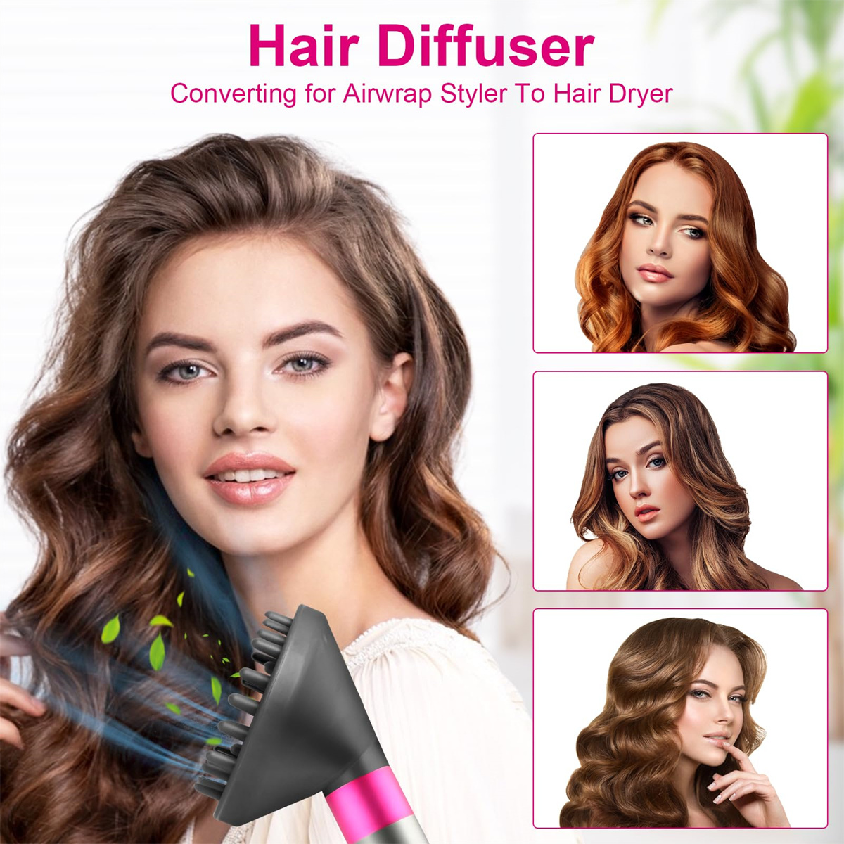 Eine Frau mit welligem Haar und einem Haardiffusor. Bilder zeigen verschiedene Frisuren. Der Diffusor ist schwarz und rosa.