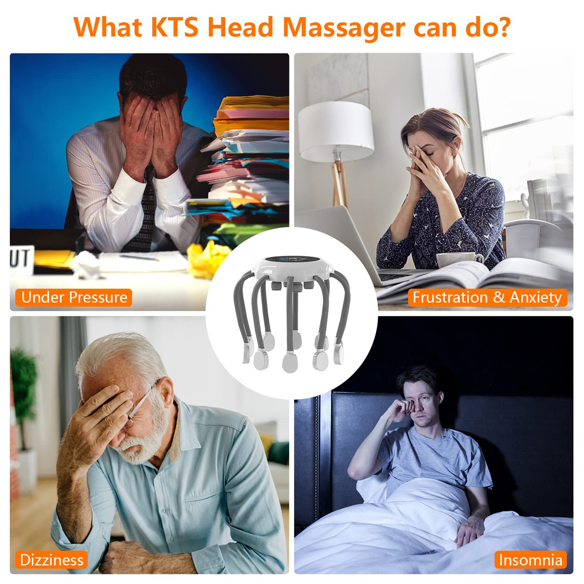 Kopfmassagegerät für verschiedene Probleme. Zeigt Stress, Angst, Schwindel und Schlaflosigkeit.