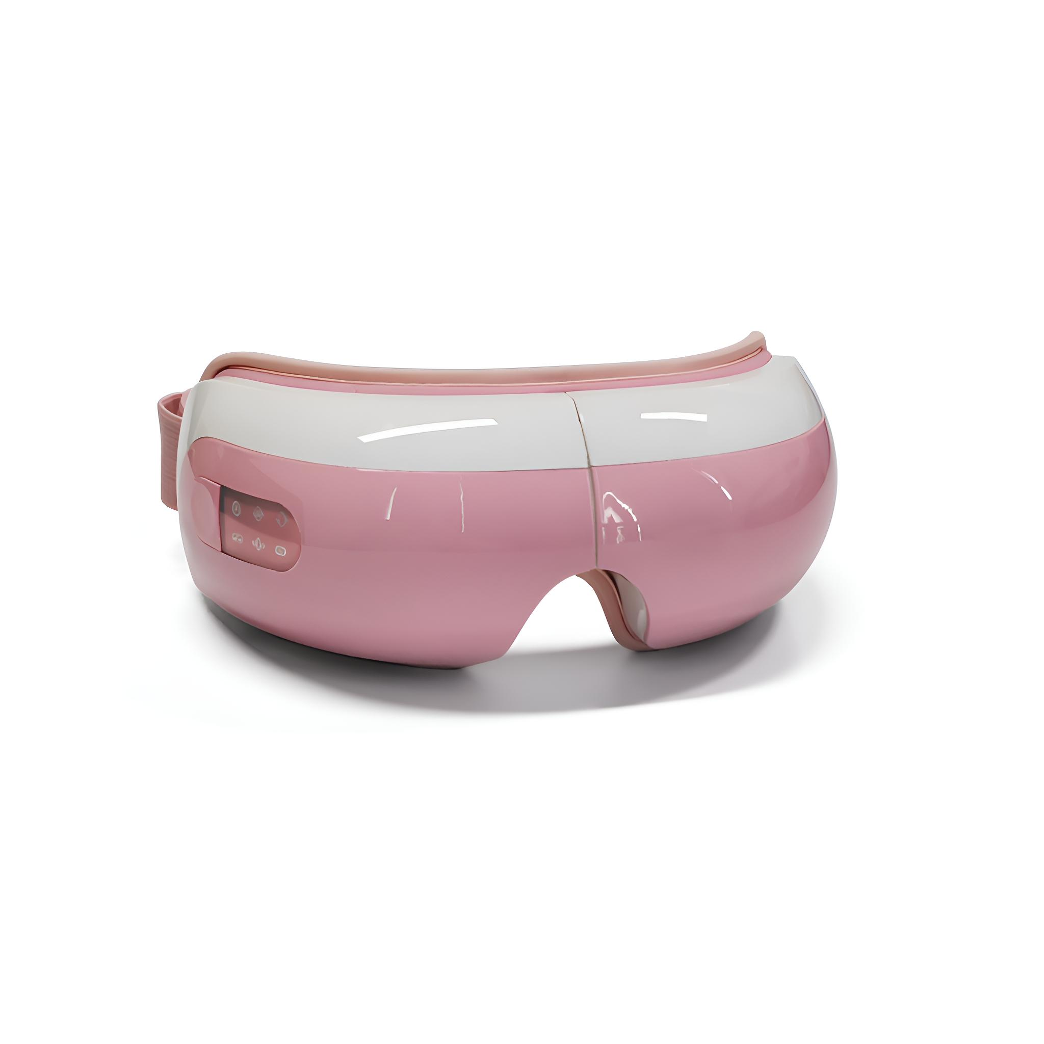 Rosa-weißes Augenmassagegerät. Es hat einen Riemen, Knöpfe und ist für das Tragen über den Augen konzipiert, isoliert auf Weiß.
