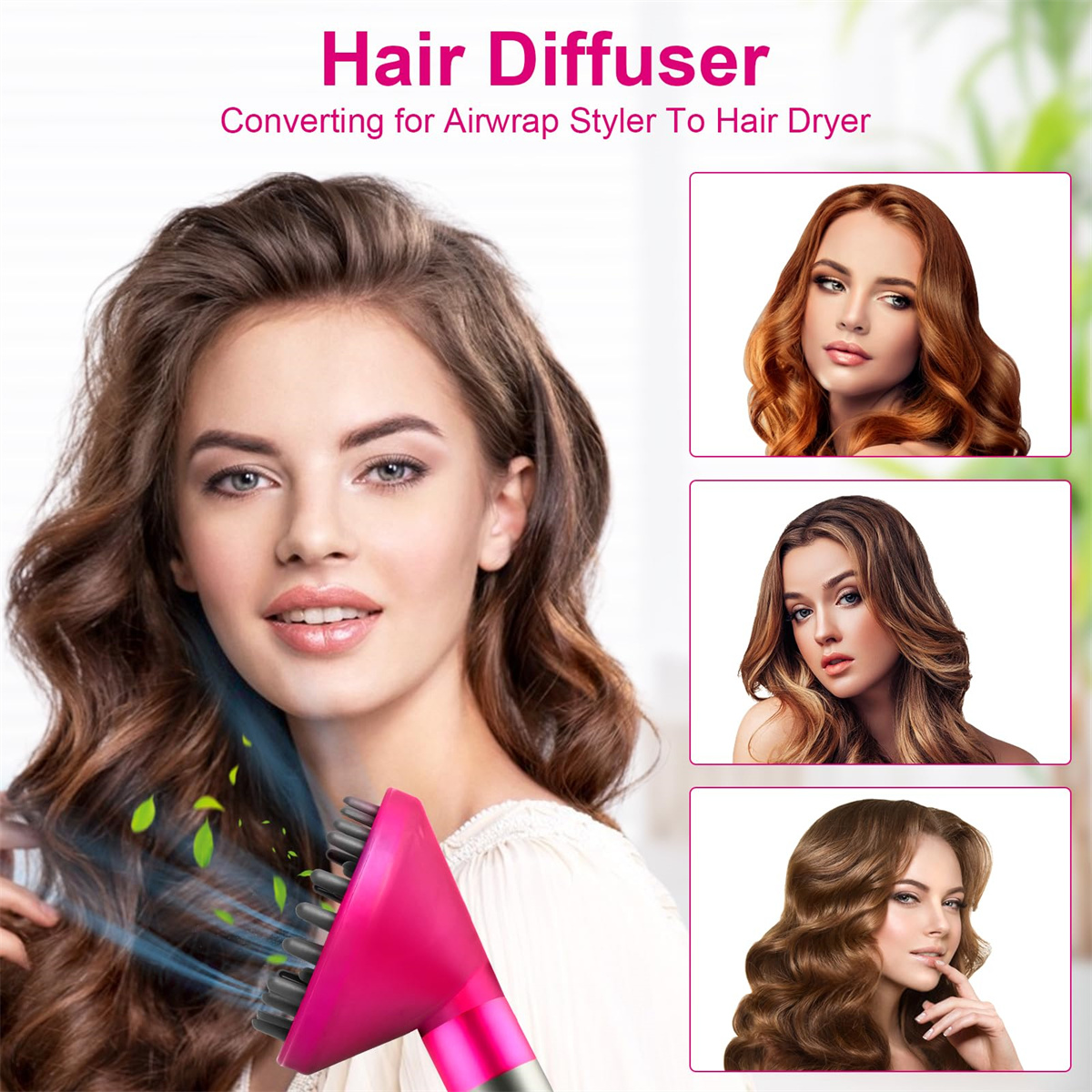 Frau mit welligem Haar, die einen pinkfarbenen Haardiffusor verwendet, mit Bildern von Frauen mit verschiedenen Frisuren.