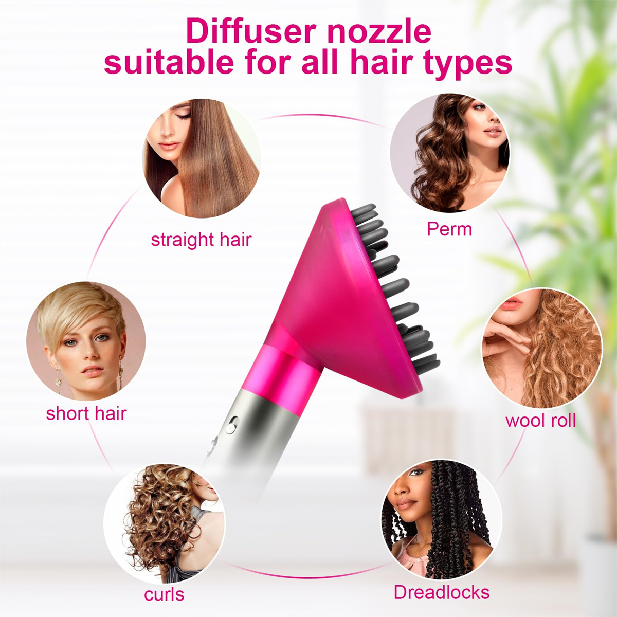 Pinkfarbener Haardiffusor mit Bildern von Frauen mit verschiedenen Frisuren: glatt, kurz, Locken, Dreadlocks.