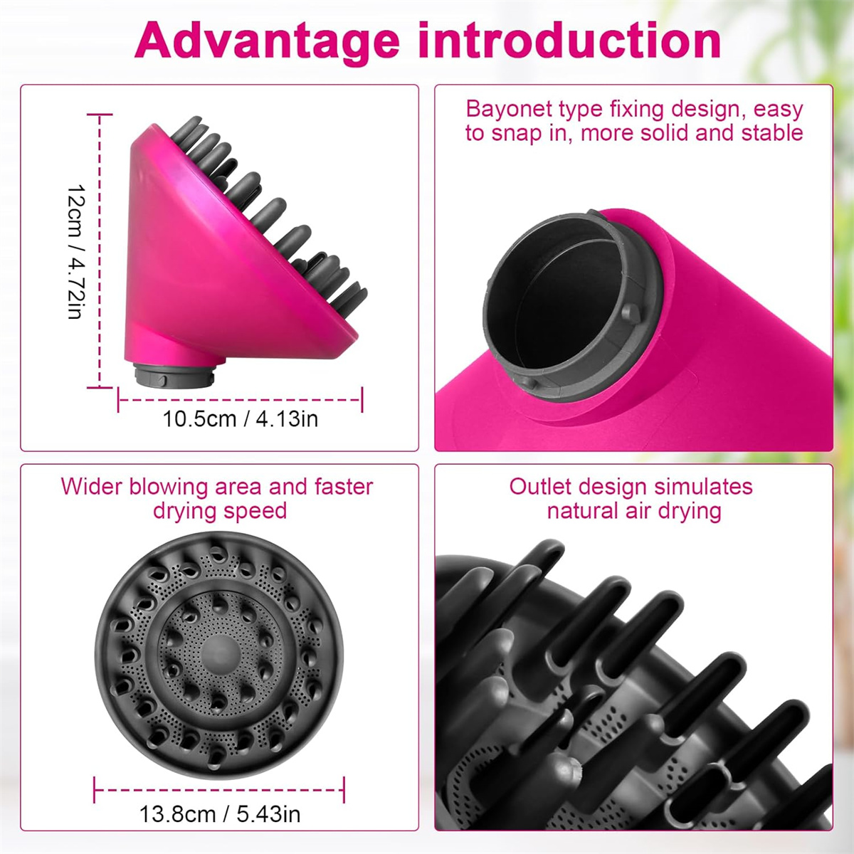 Nahaufnahme eines pinkfarbenen Haartrocknerdiffusors, der Abmessungen und Designmerkmale zeigt, ähnlich einem anderen Bild.
