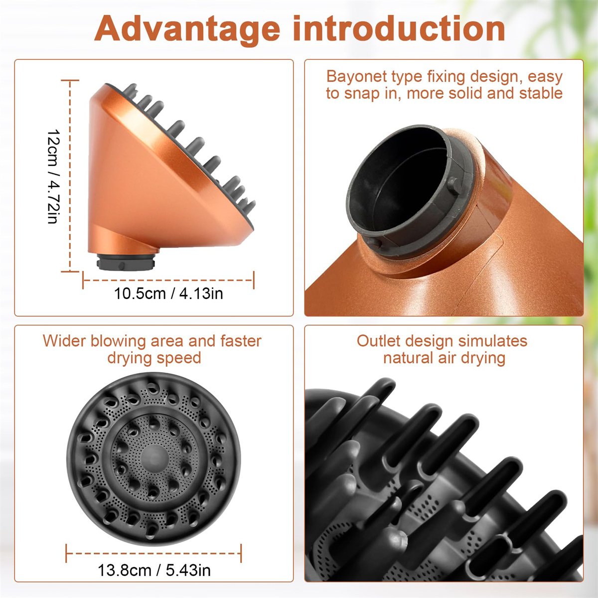 Nahaufnahme eines kupferfarbenen Haartrocknerdiffusors, der Abmessungen und Designmerkmale zeigt.