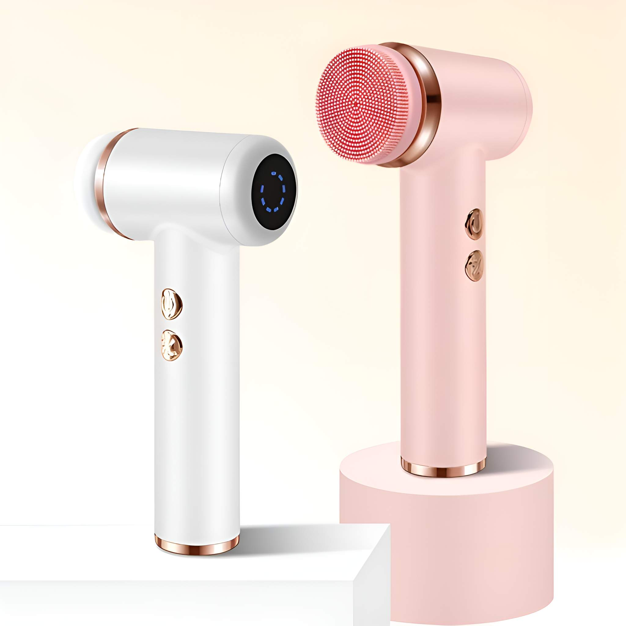 Zwei weiße und rosa Gesichtsreinigungsbürsten auf hellem Hintergrund auf einem rosa Ständer.