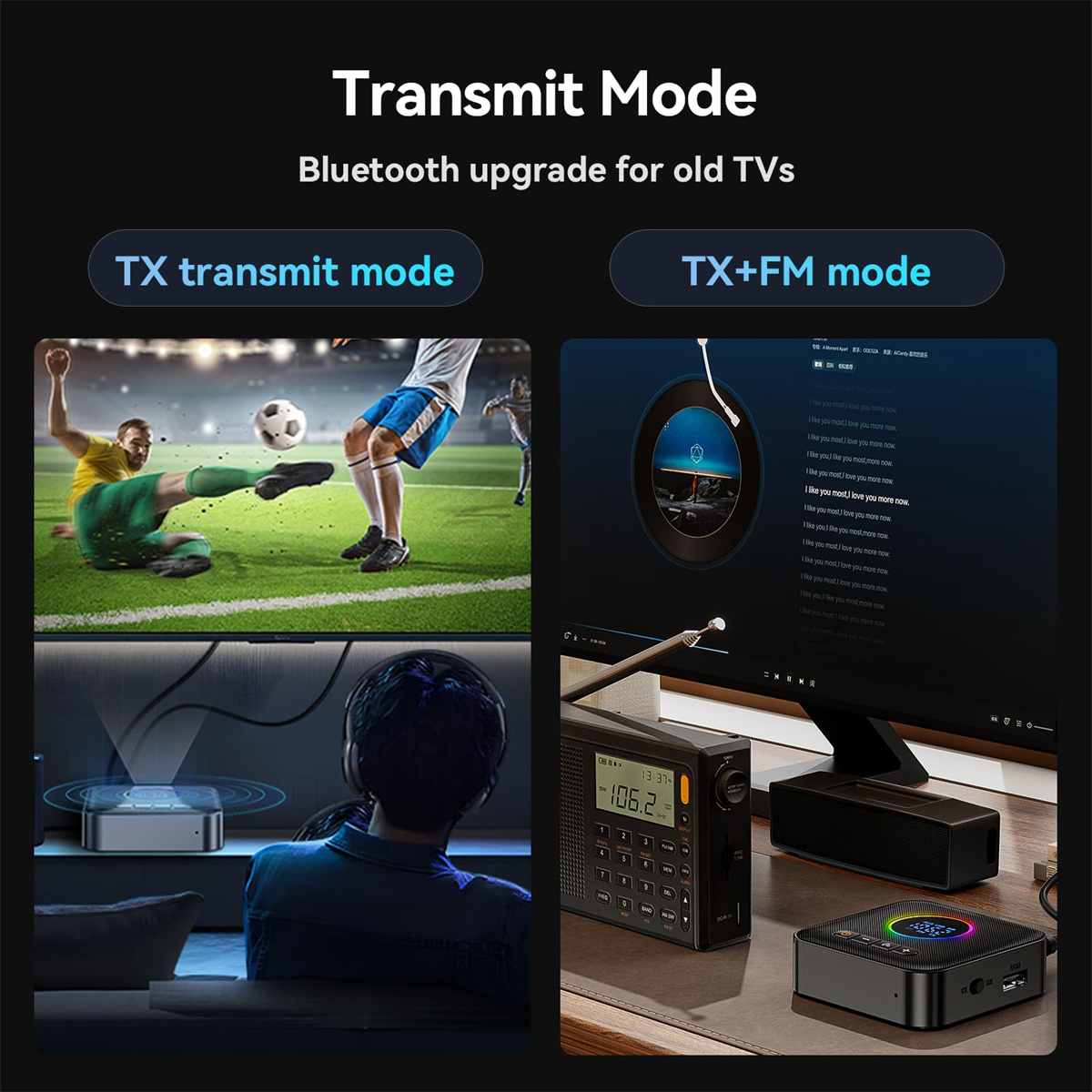 Bluetooth-Sender mit Fußballspiel und Karaoke-Setup auf dem Bildschirm.