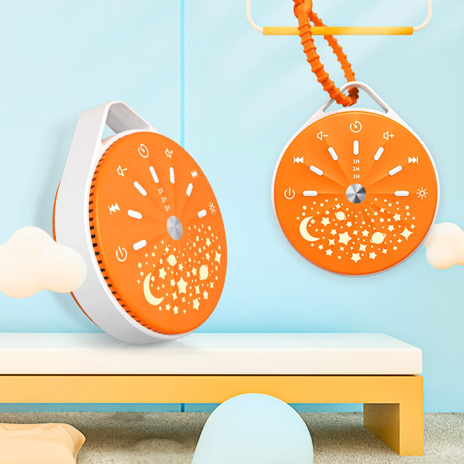 Zwei orangefarbene und weiße Geräte mit Symbolen, hängen an einer Wand, mit einem gelben Regal darunter.