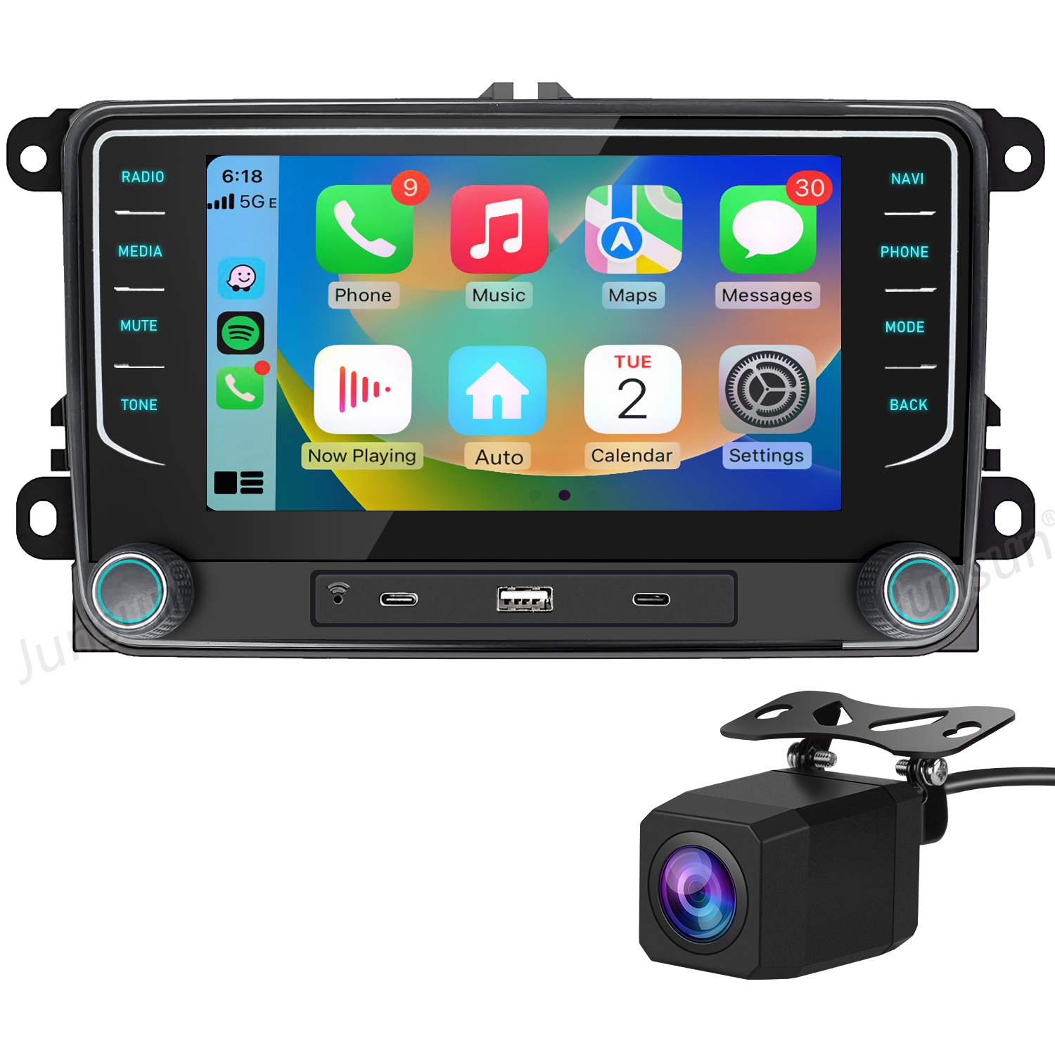 Armaturenbrettbildschirm eines Autos mit Touchscreen-Display und Rückfahrkamera darunter.