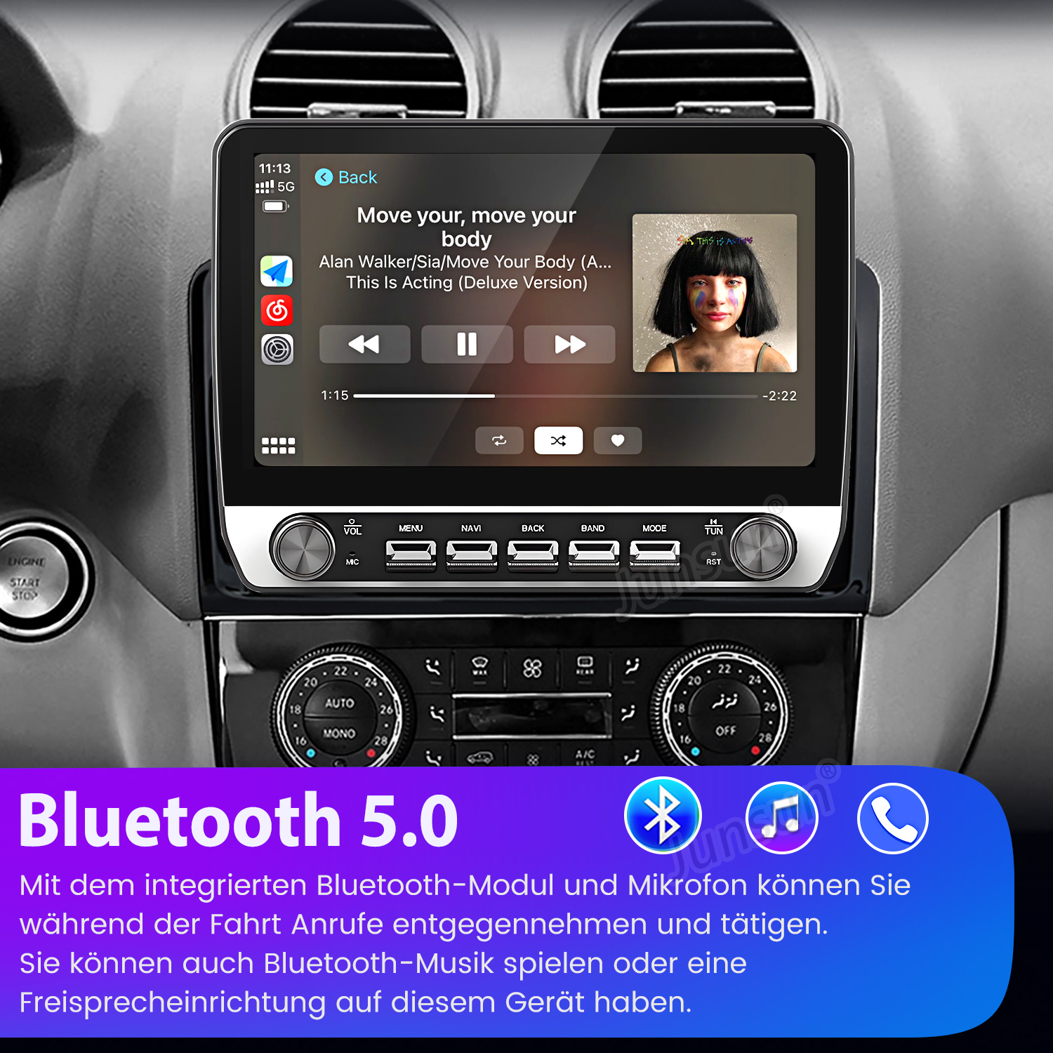 Auto-Infotainmentsystem spielt Musik ab. Bluetooth 5.0 und Musik-Player-Oberfläche werden angezeigt.