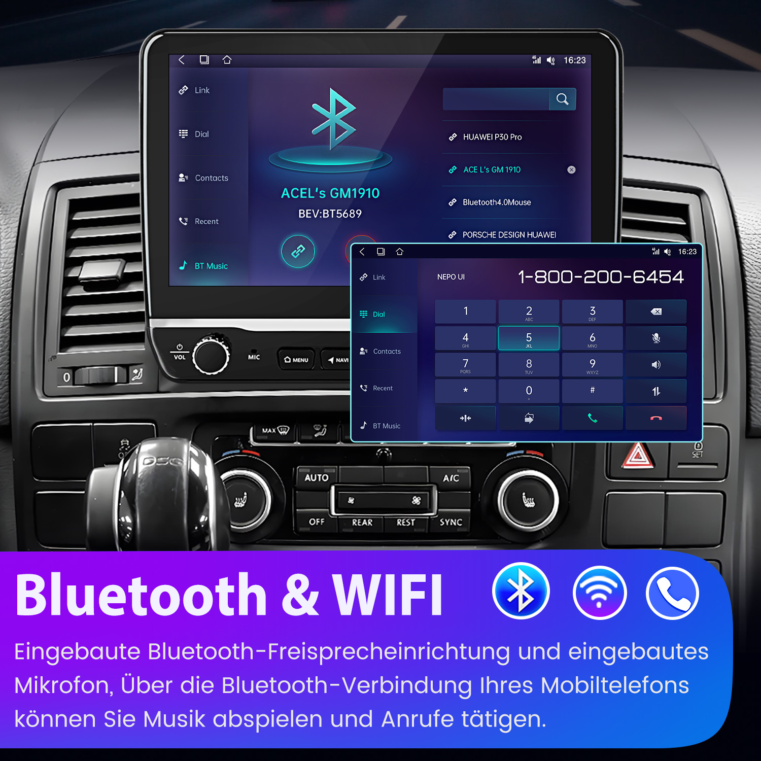 System informacyjno-rozrywkowy w samochodzie z ekranem wybierania numeru telefonu oraz interfejsem Bluetooth i Wi-Fi.