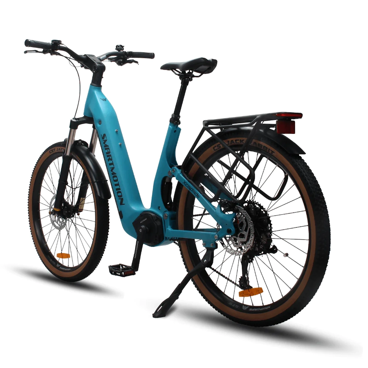 Blaues Elektrofahrrad auf weißem Hintergrund, Rückansicht, mit SmartMotion-Branding.