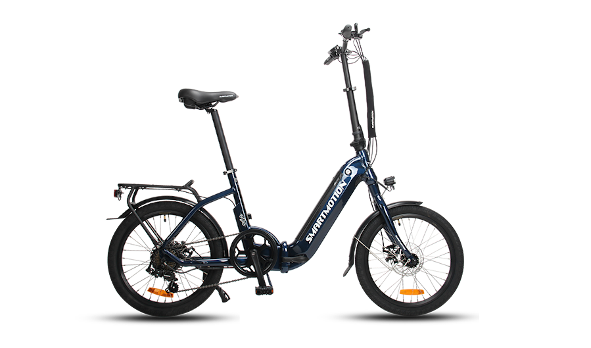 Blaues Smartmotion-Klapprad mit schwarzen Reifen auf schwarzem Hintergrund.