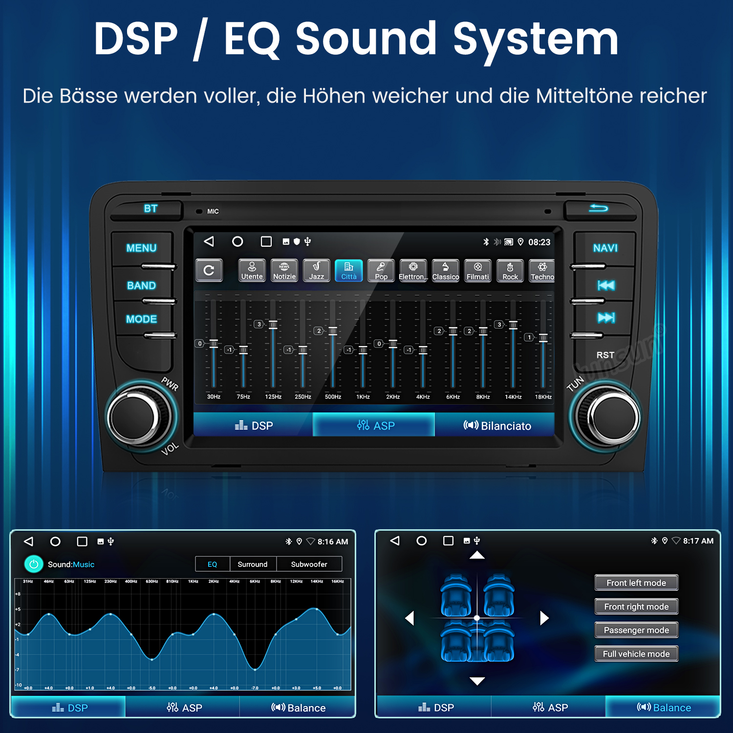 Autoradio mit Display, das Einstellungen zeigt. Text: DSP/EQ Sound System.