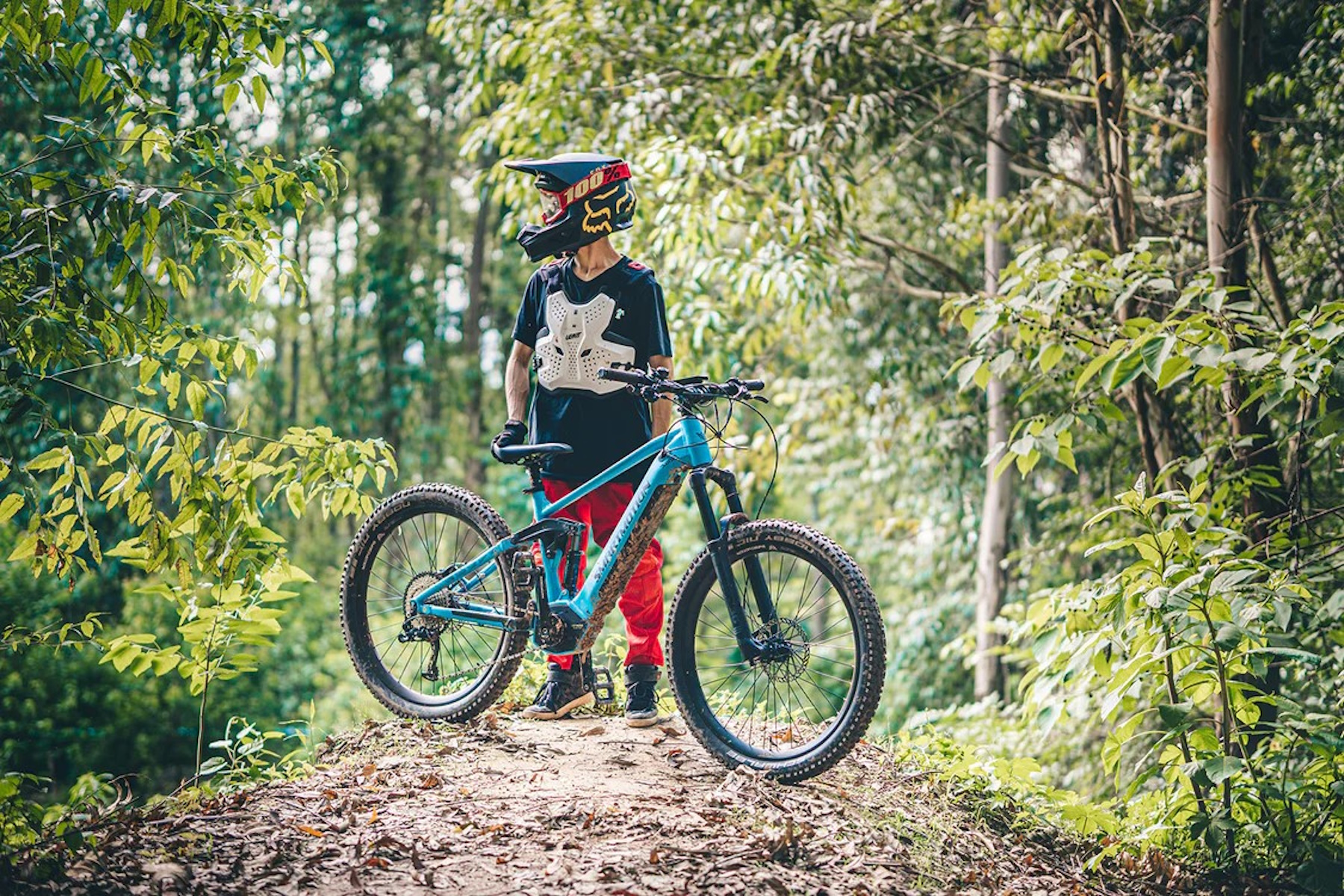 Person mit Helm und Schutzkleidung steht mit Mountainbike im Wald.