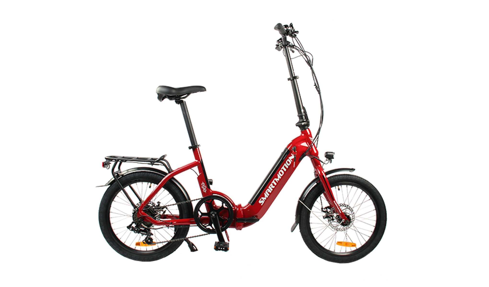 Rotes Smartmotion-Klapprad mit schwarzen Reifen auf schwarzem Hintergrund.
