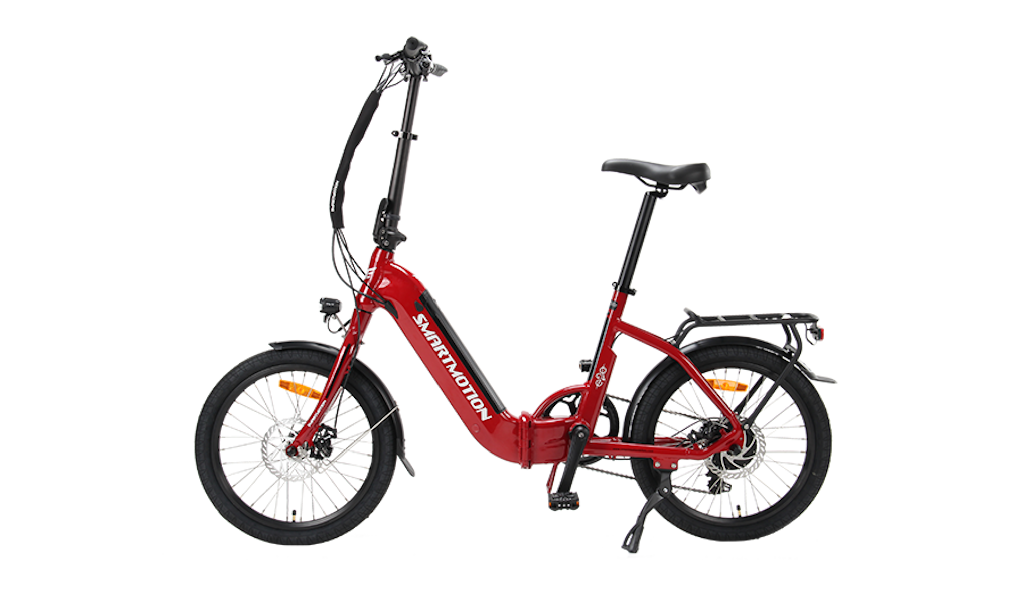 Rotes Smartmotion-Klapprad mit schwarzen Reifen vor weißem Hintergrund.