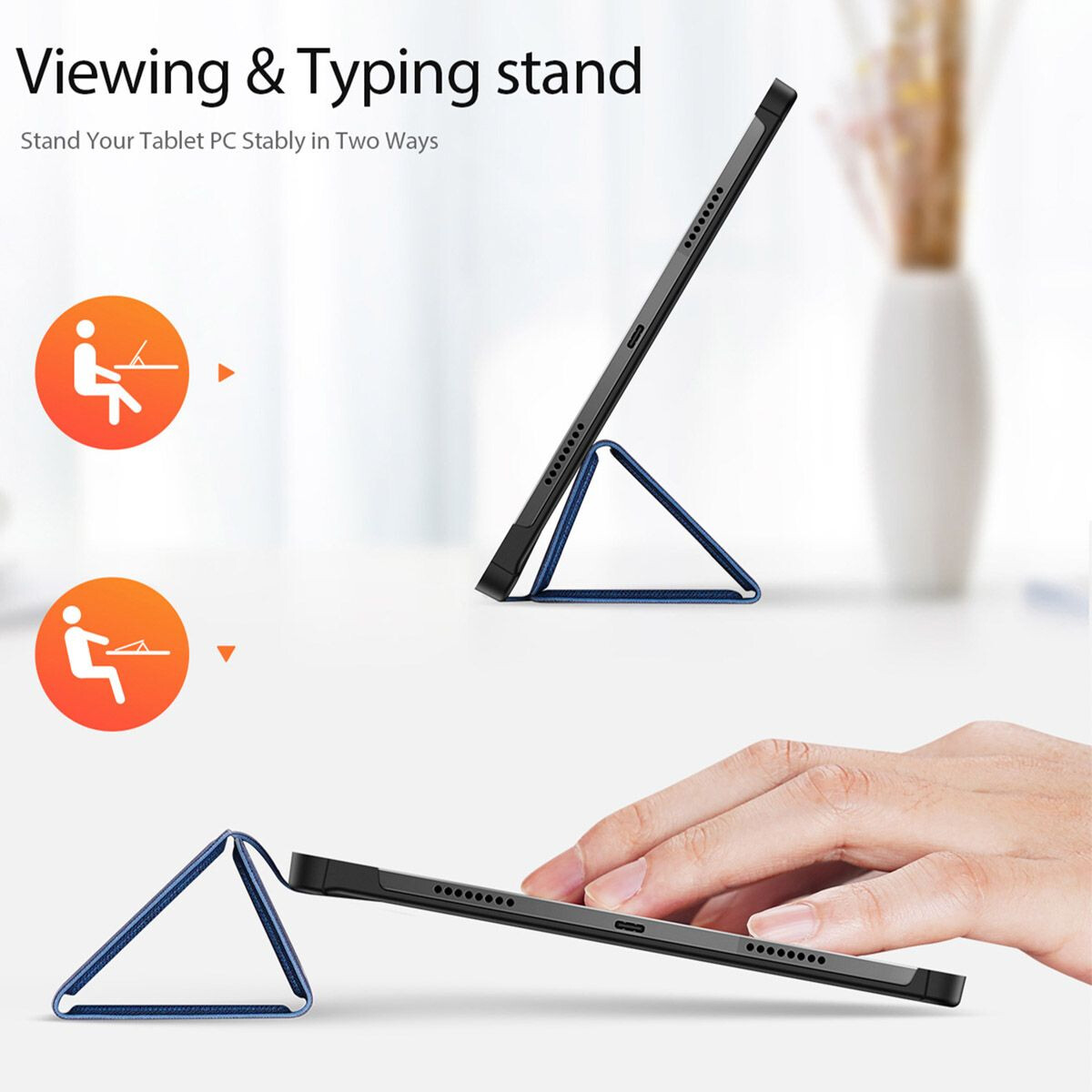 Tablet in einem Gehäuse, das als Ständer verwendet wird. Das Gehäuse ist blau und kann in zwei Positionen verwendet werden.