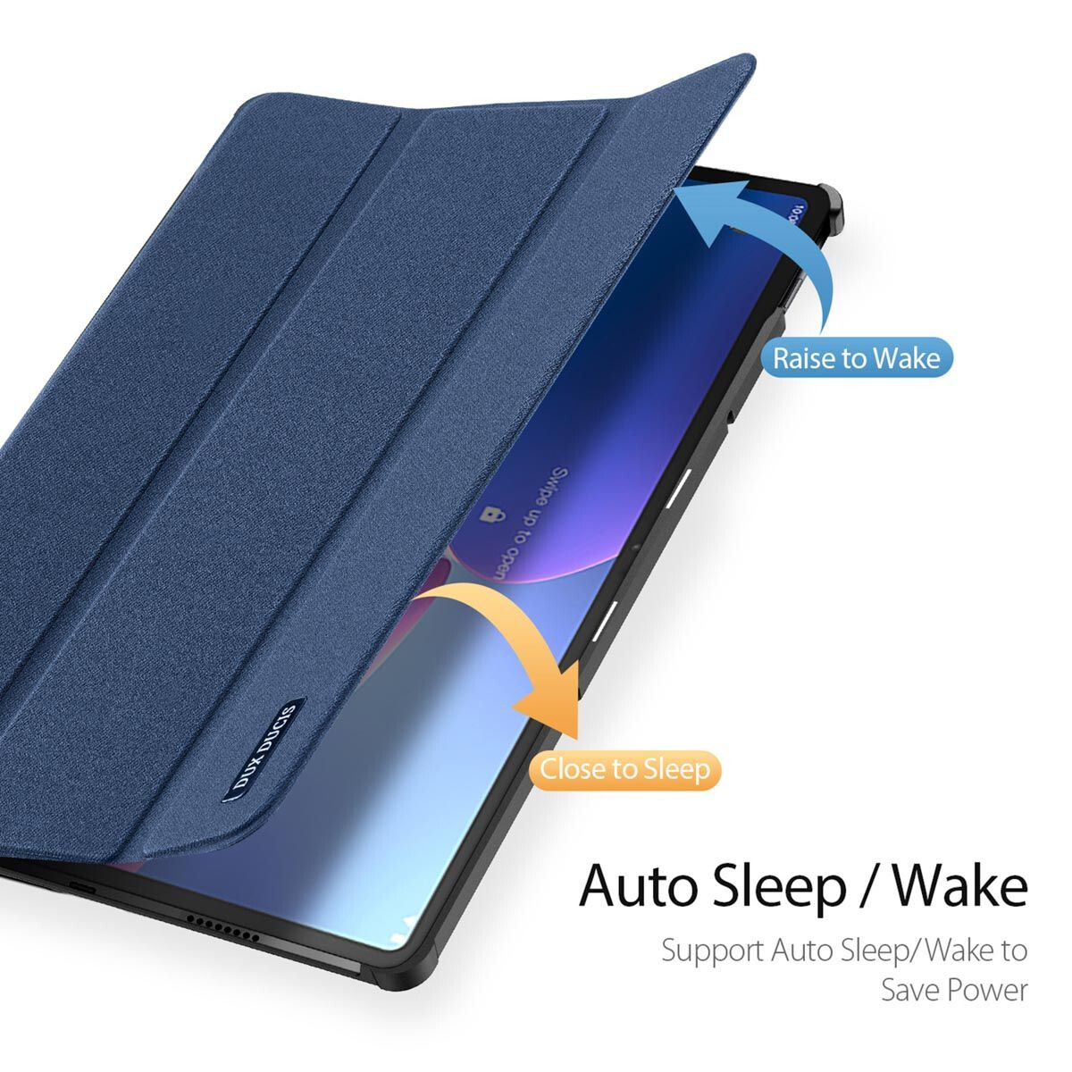 Tablet mit geöffneter blauer Hülle. Pfeile zeigen von der Hülle zum Bildschirm, mit Text über Schlaf- und Weckfunktion.