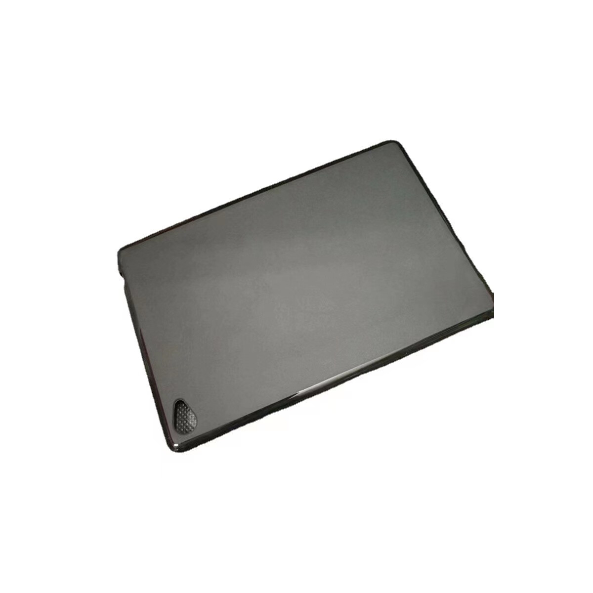 Graues Tablet in einem Gehäuse. Die Rückseite des Tablets ist sichtbar. Schwarzer Rahmen.