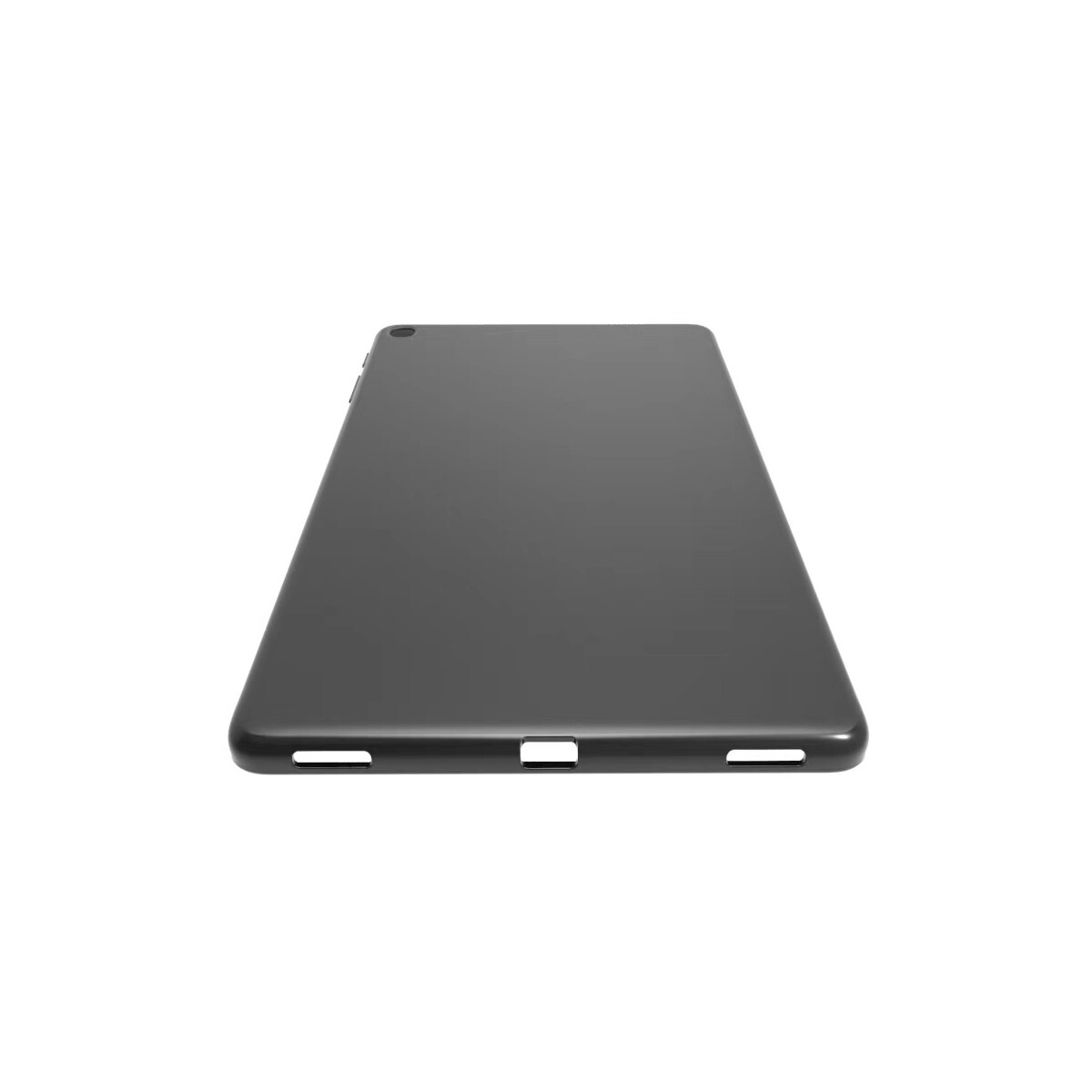 Graue Tablet-Rückseite, schräge Ansicht. Zeigt Anschlüsse und Tasten. Weißer Hintergrund.