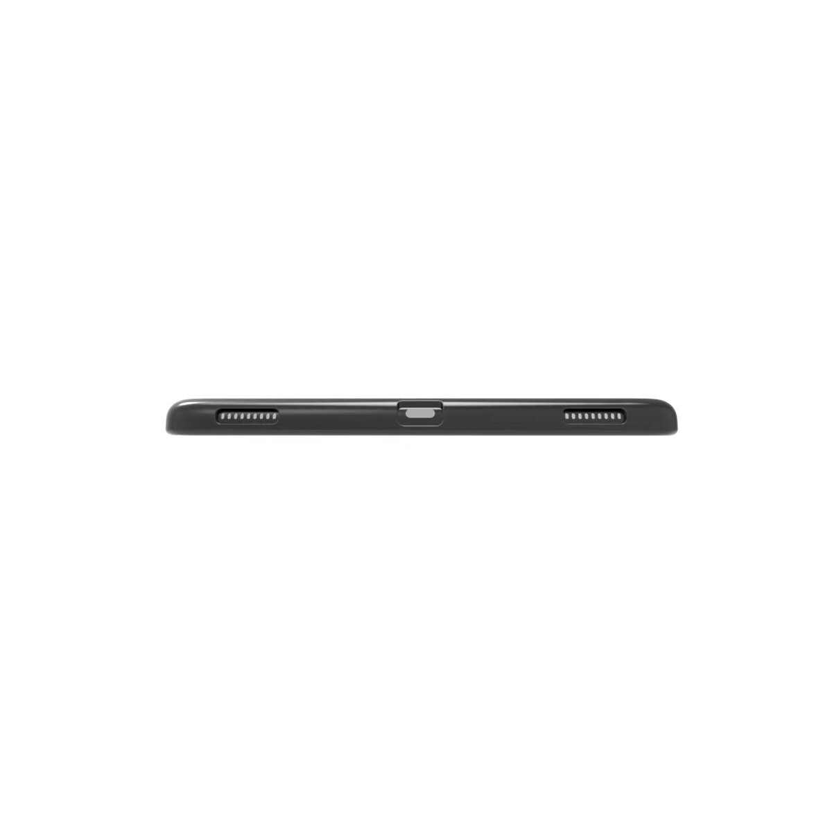 Tablet-Unterkante Nahaufnahme. Es hat Lautsprecher, einen Anschluss und ein Mikrofon. Schwarze Farbe.