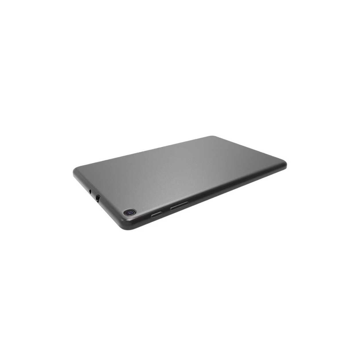 Graue Tablet-Rückseite, schräge Ansicht. Zeigt die Seite mit Anschlüssen. Weißer Hintergrund.