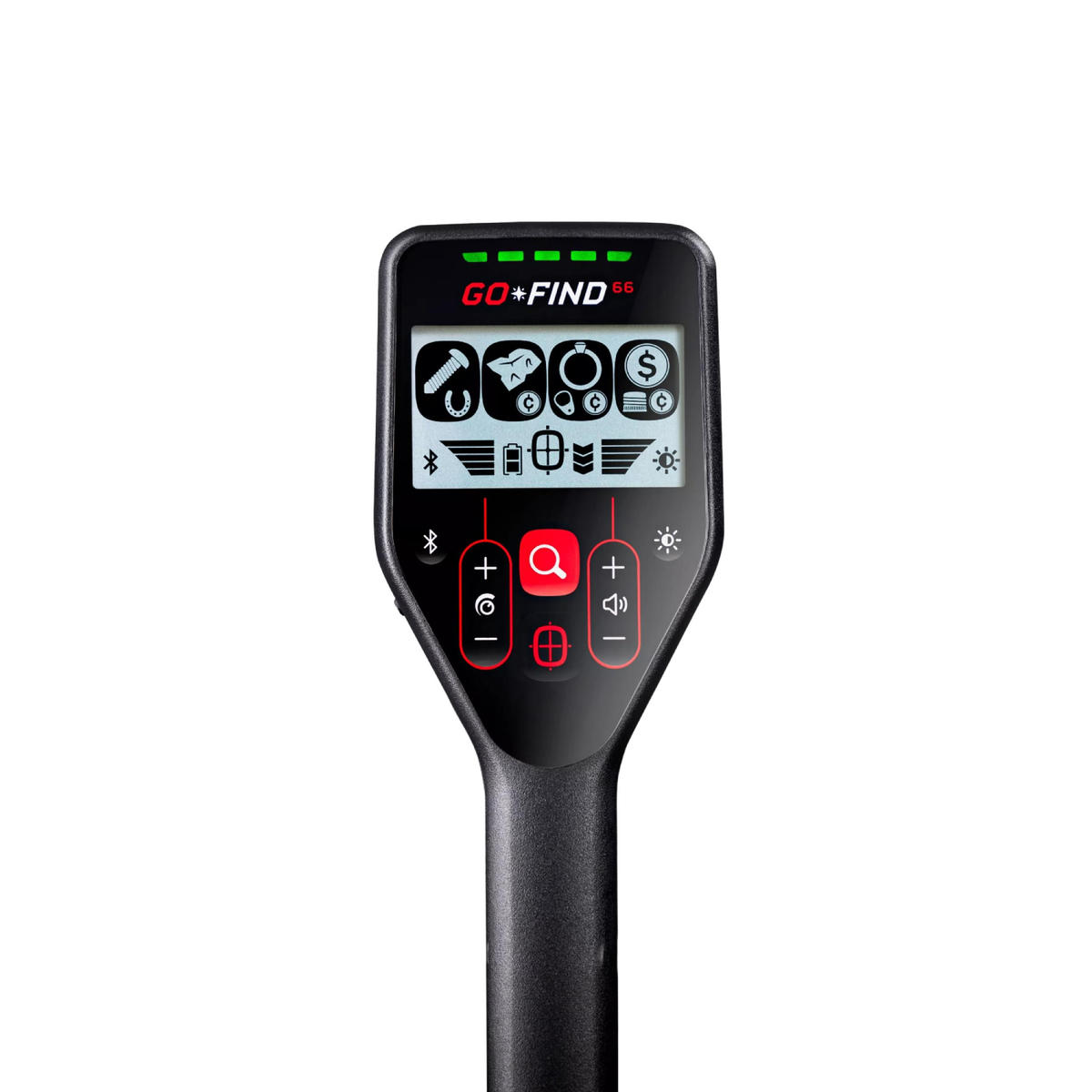 Un metal detector nero con un display che mostra icone. Ha un'impugnatura e pulsanti di controllo.