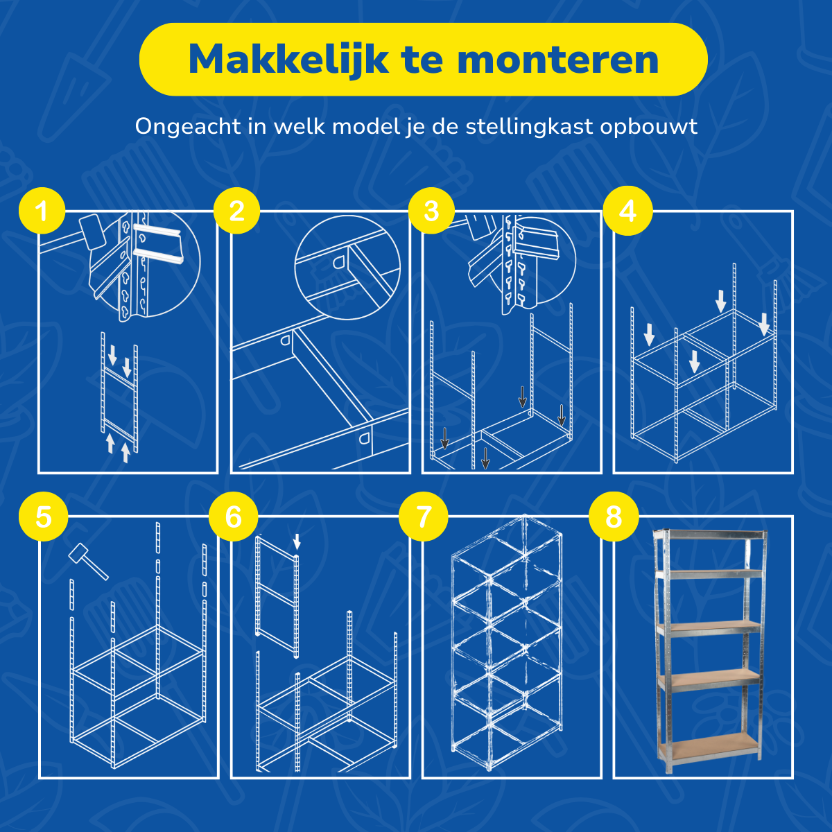 Stapsgewijze instructies voor het monteren van een metalen stellingkast, weergegeven in een diagram met blauw thema.
