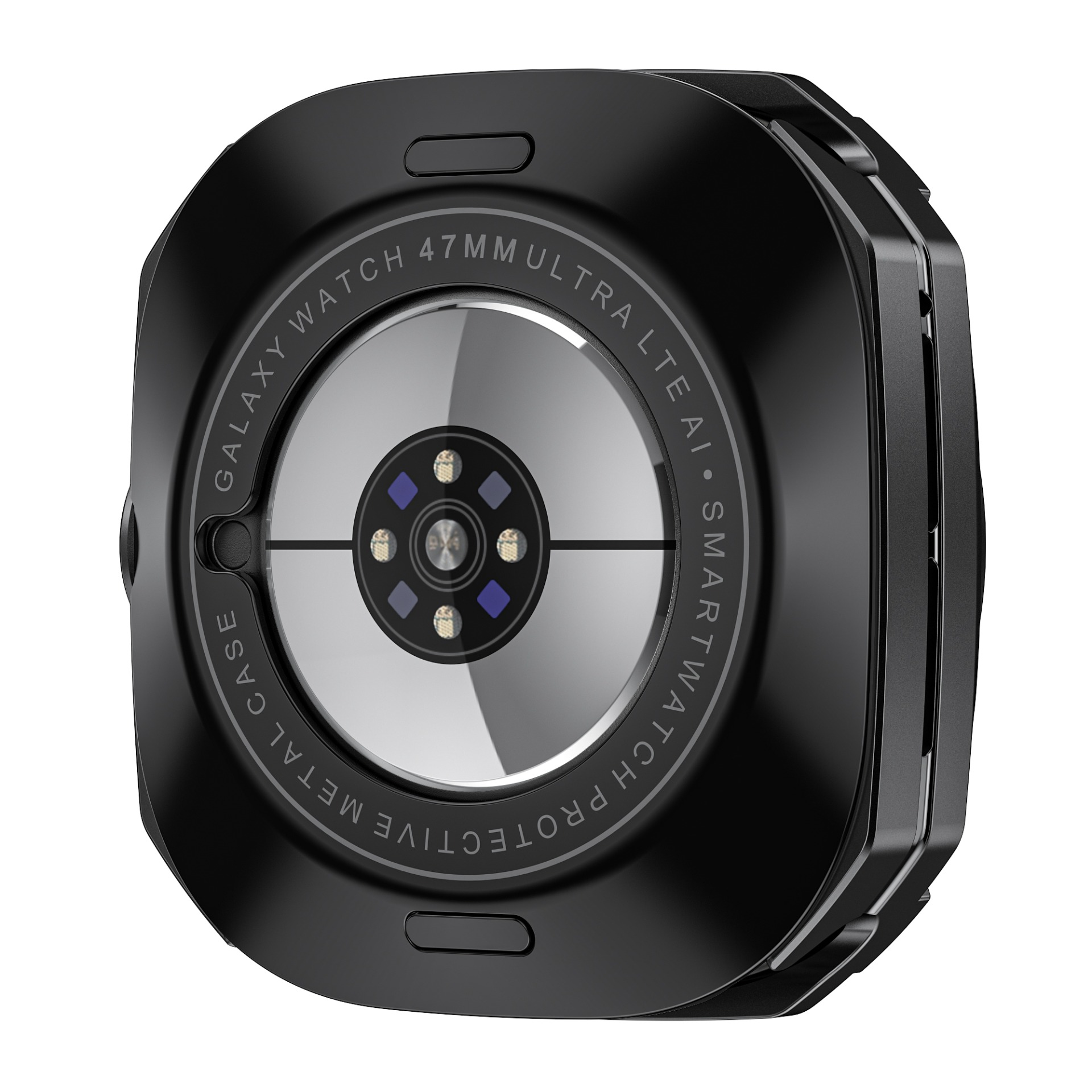 Retro di smartwatch nero. Il retro ha un cerchio argentato al centro e del testo.