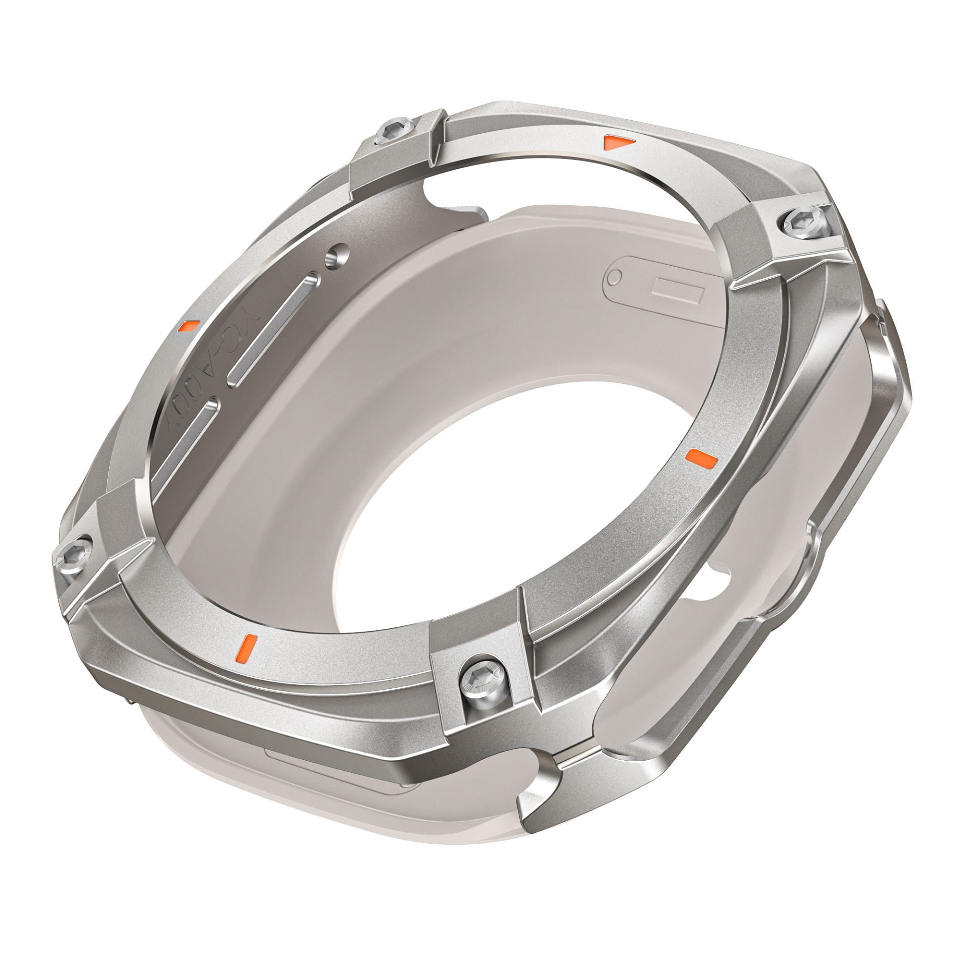 Cassa dell'orologio argentata con dettagli arancioni, che mostra la forma di uno smartwatch.
