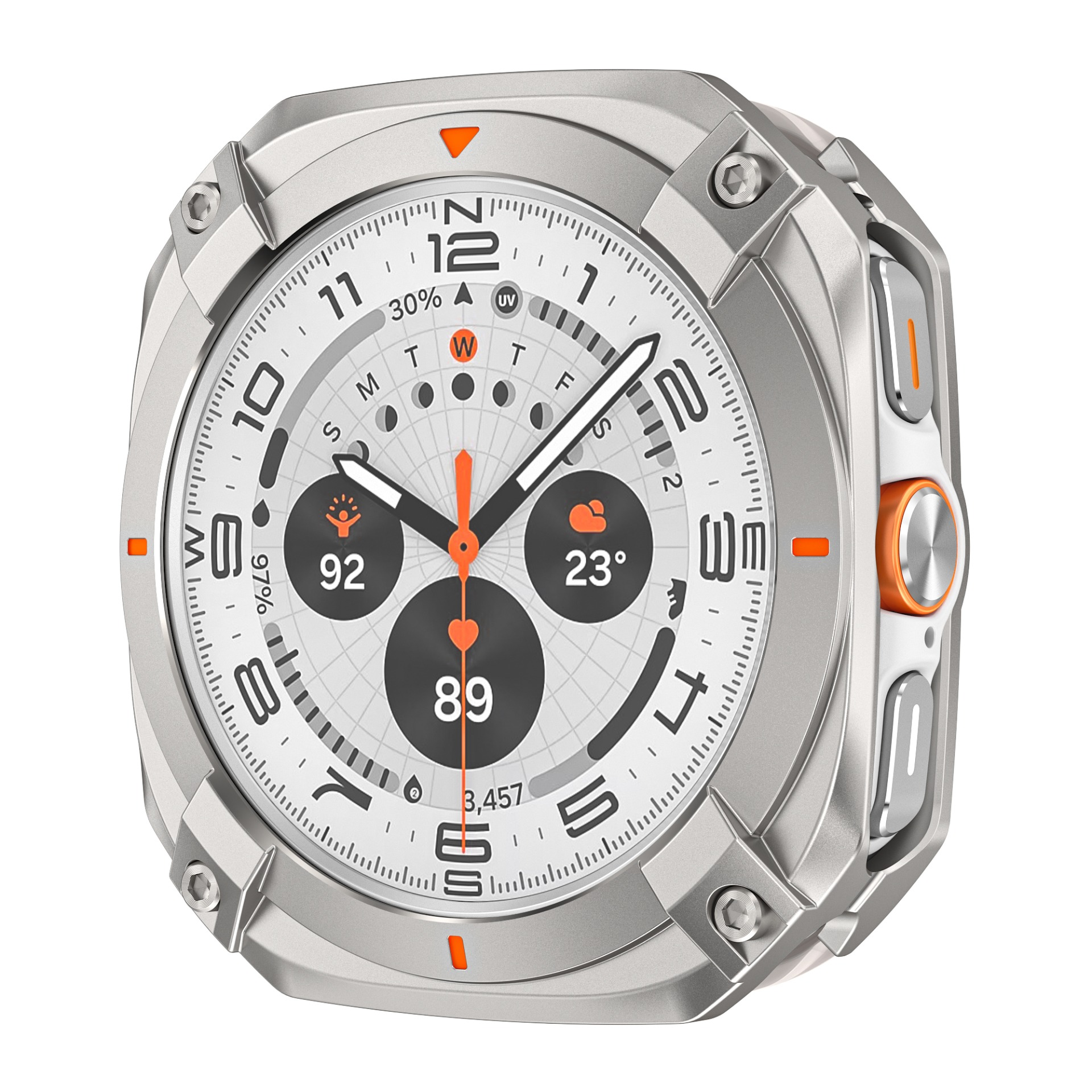 Smartwatch argento e bianco con display digitale che mostra ora, batteria e altre metriche.