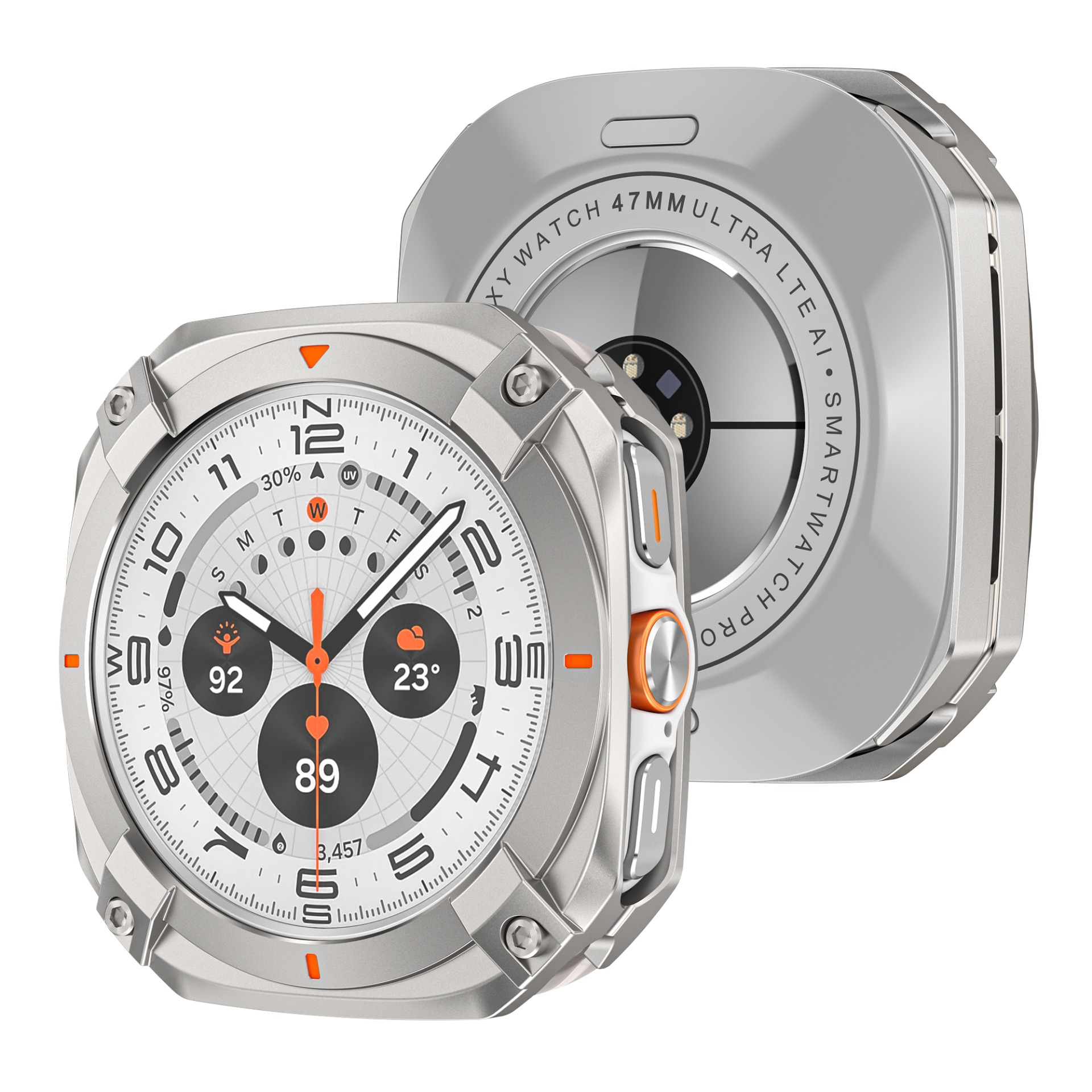 Smartwatch con quadrante bianco e retro staccato, che rivela i componenti interni.