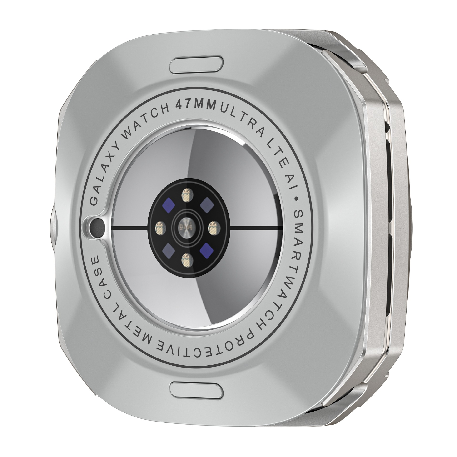 Il retro di una cassa per smartwatch argentata mostra i dettagli del sensore e il marchio, evidenziandone il design elegante e la tecnologia avanzata.