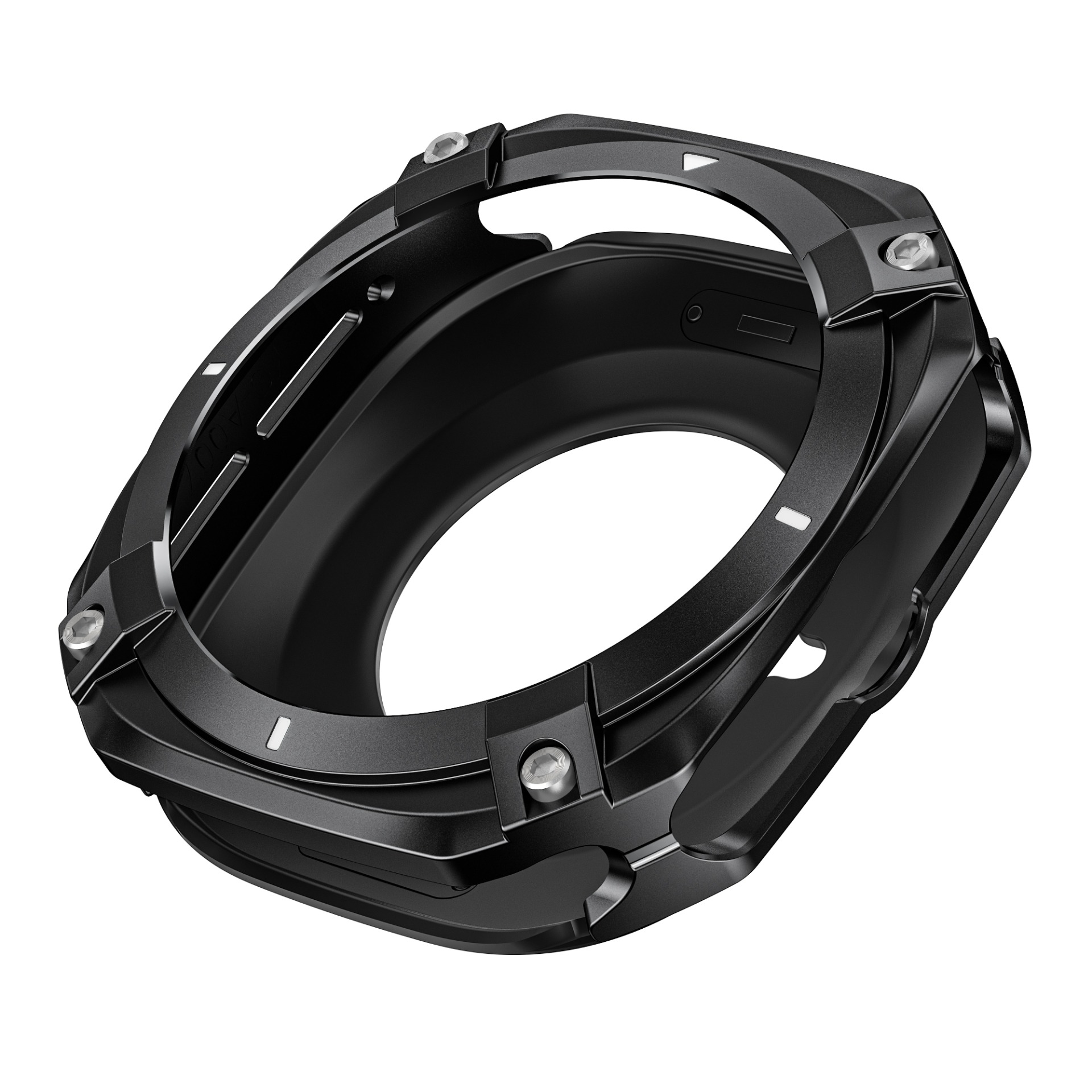 Cassa dell'orologio nera con dettagli argentati, un guscio protettivo per uno smartwatch.