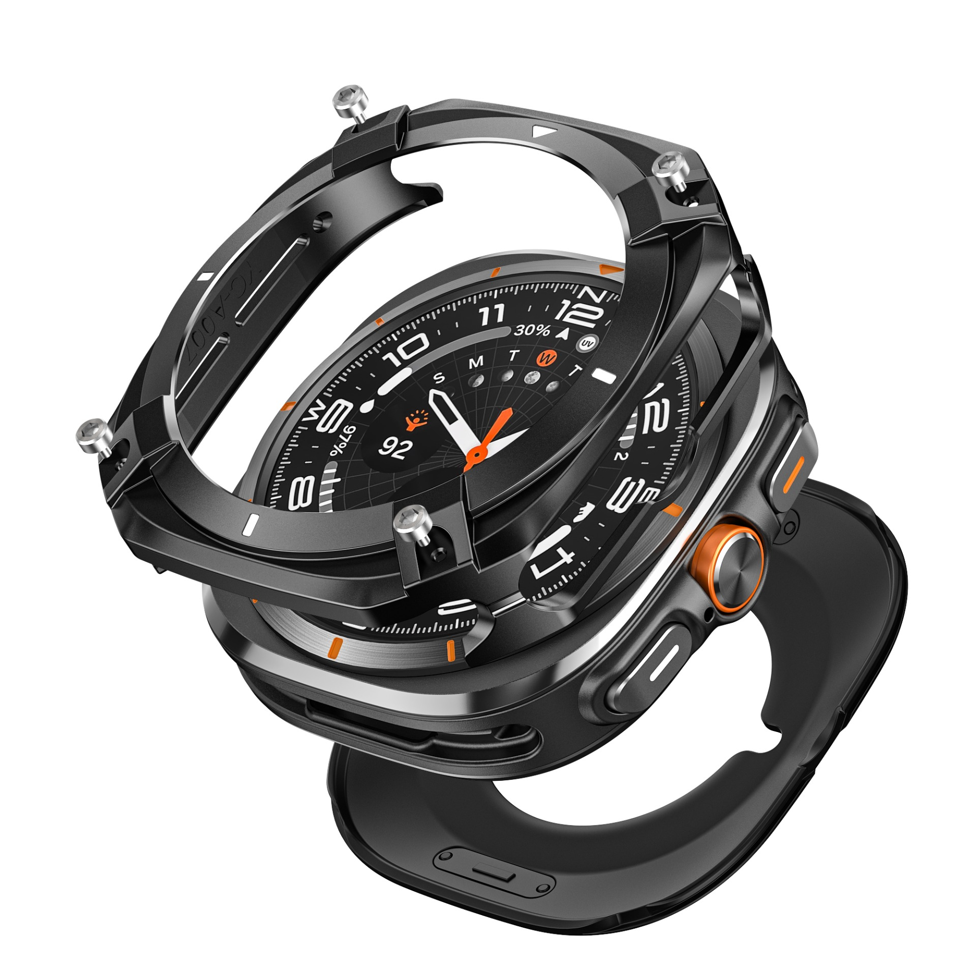 Smartwatch nero con componenti separati, che mostra quadrante e cassa.