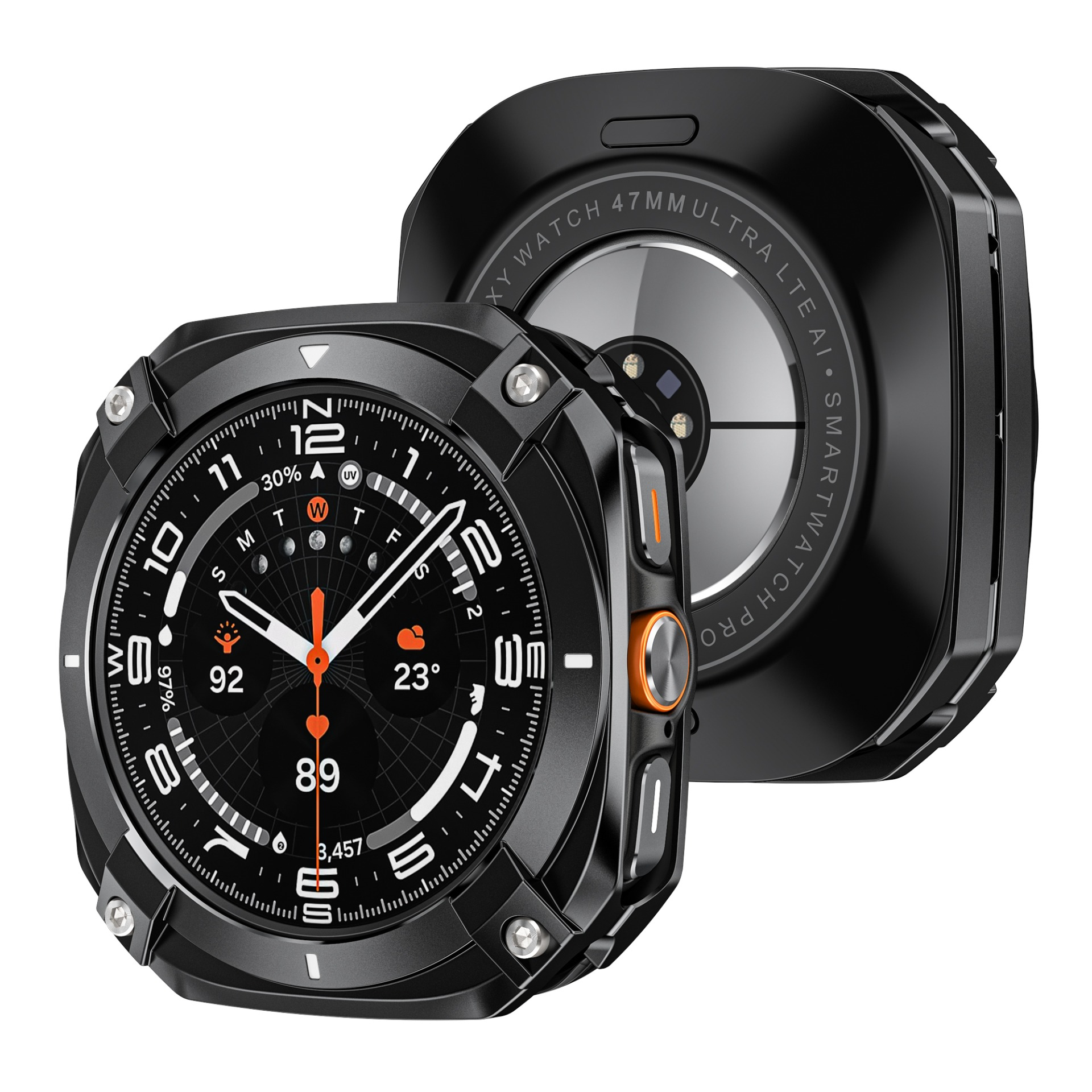 Smartwatch nero con quadrante nero e retro staccato, accanto a un retro simile.