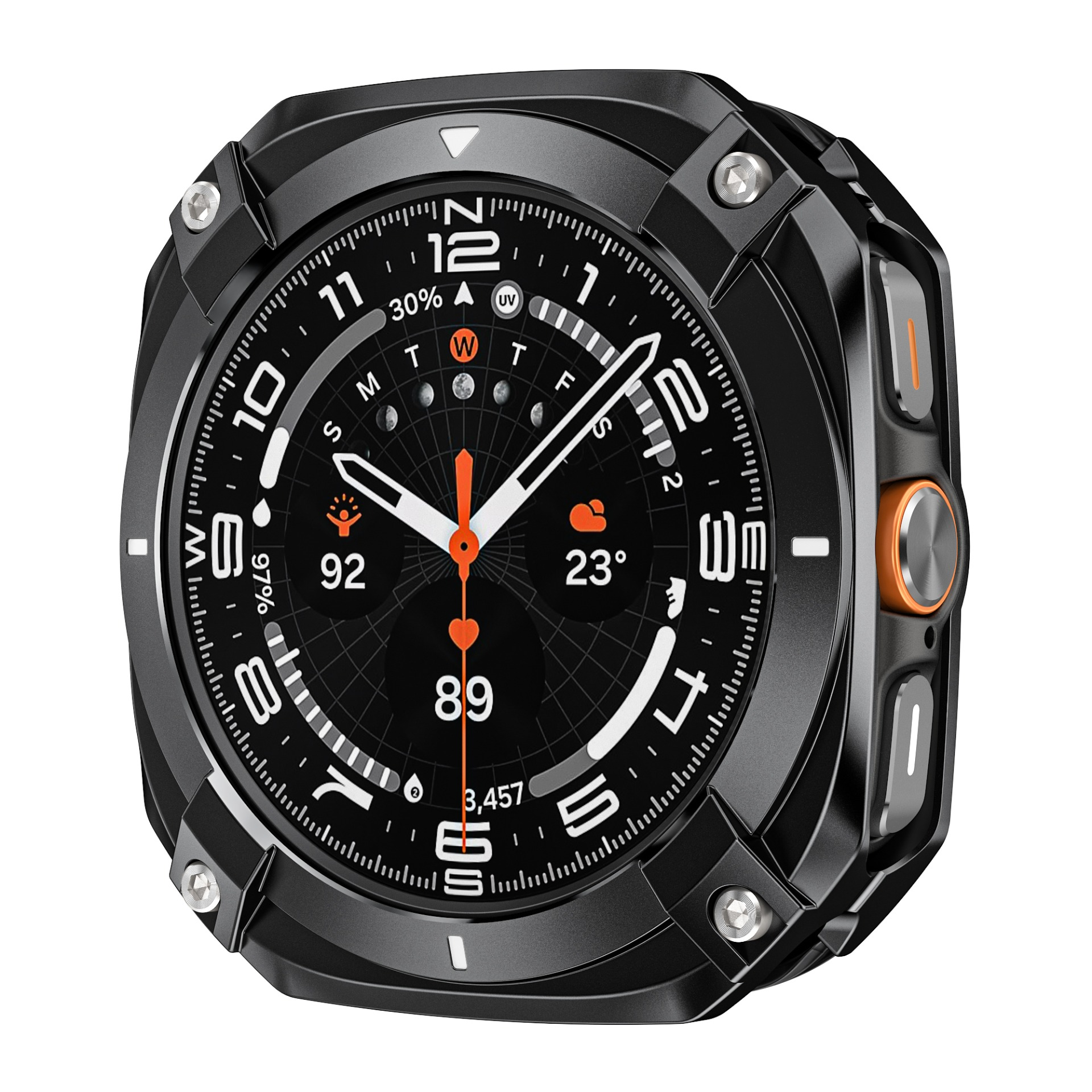 Smartwatch nero con quadrante nero e dettagli arancioni.