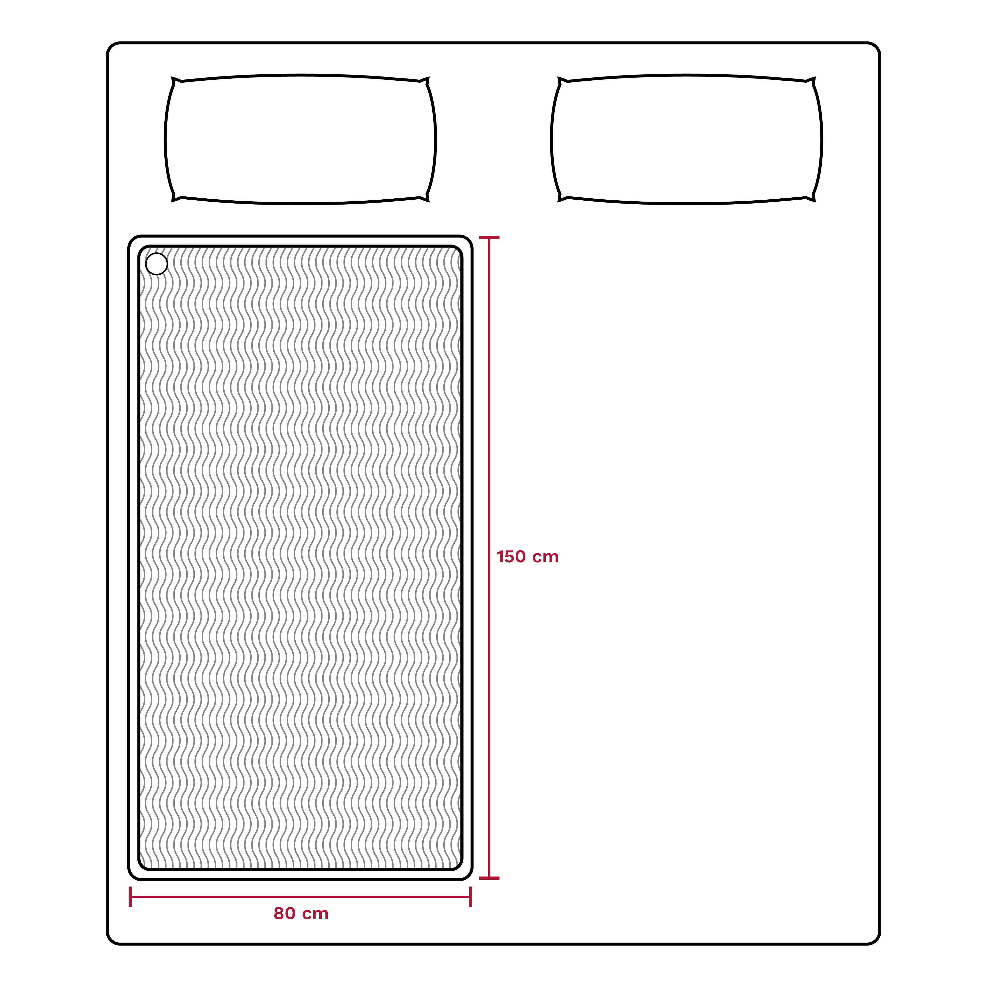 Bed outline with a narrow mattress. Dimensions labeled: 150cm length, 80cm width. Two pillows at the top.