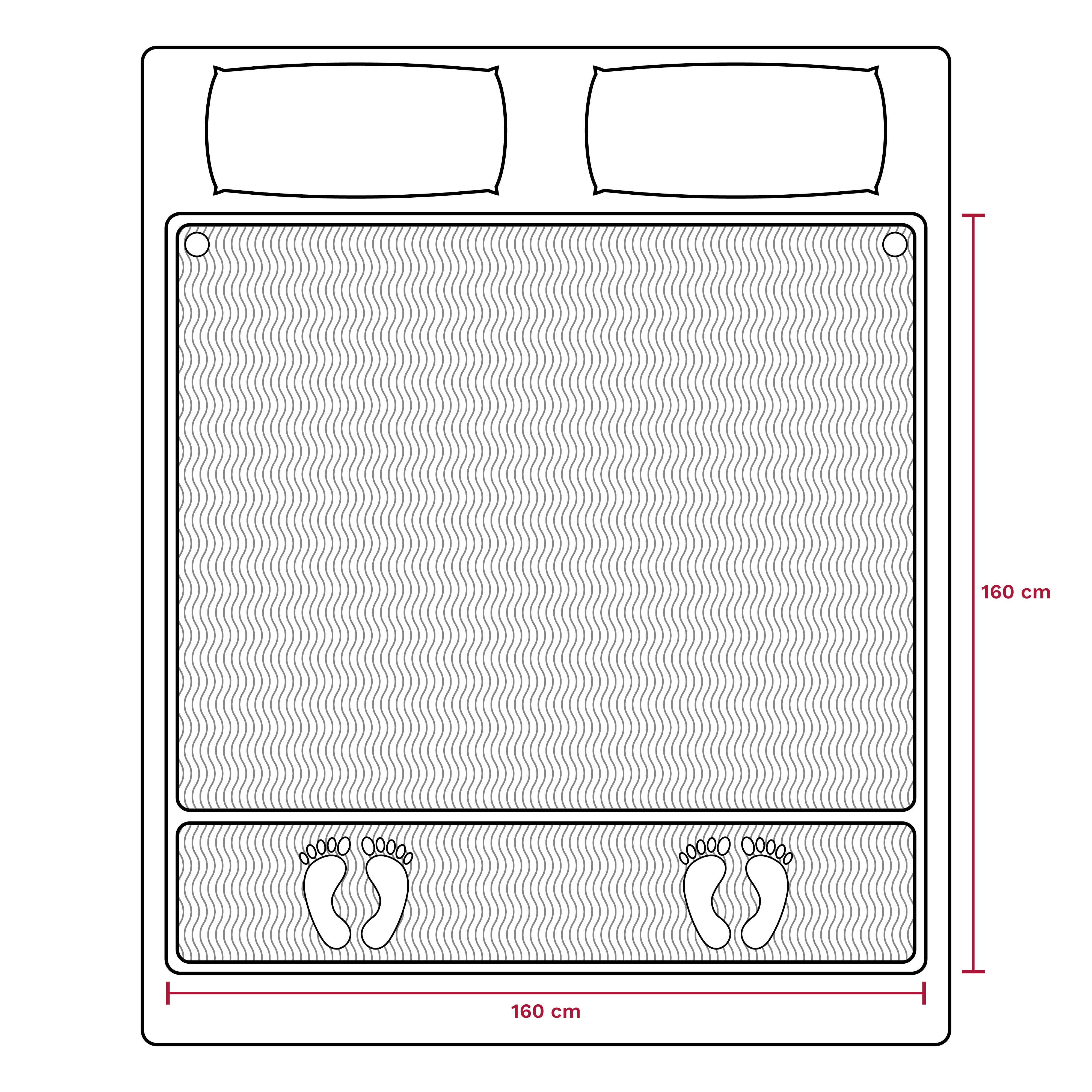 Bed outline with a large mattress. Dimensions labeled: 160cm length and width. Two pillows and footprints.