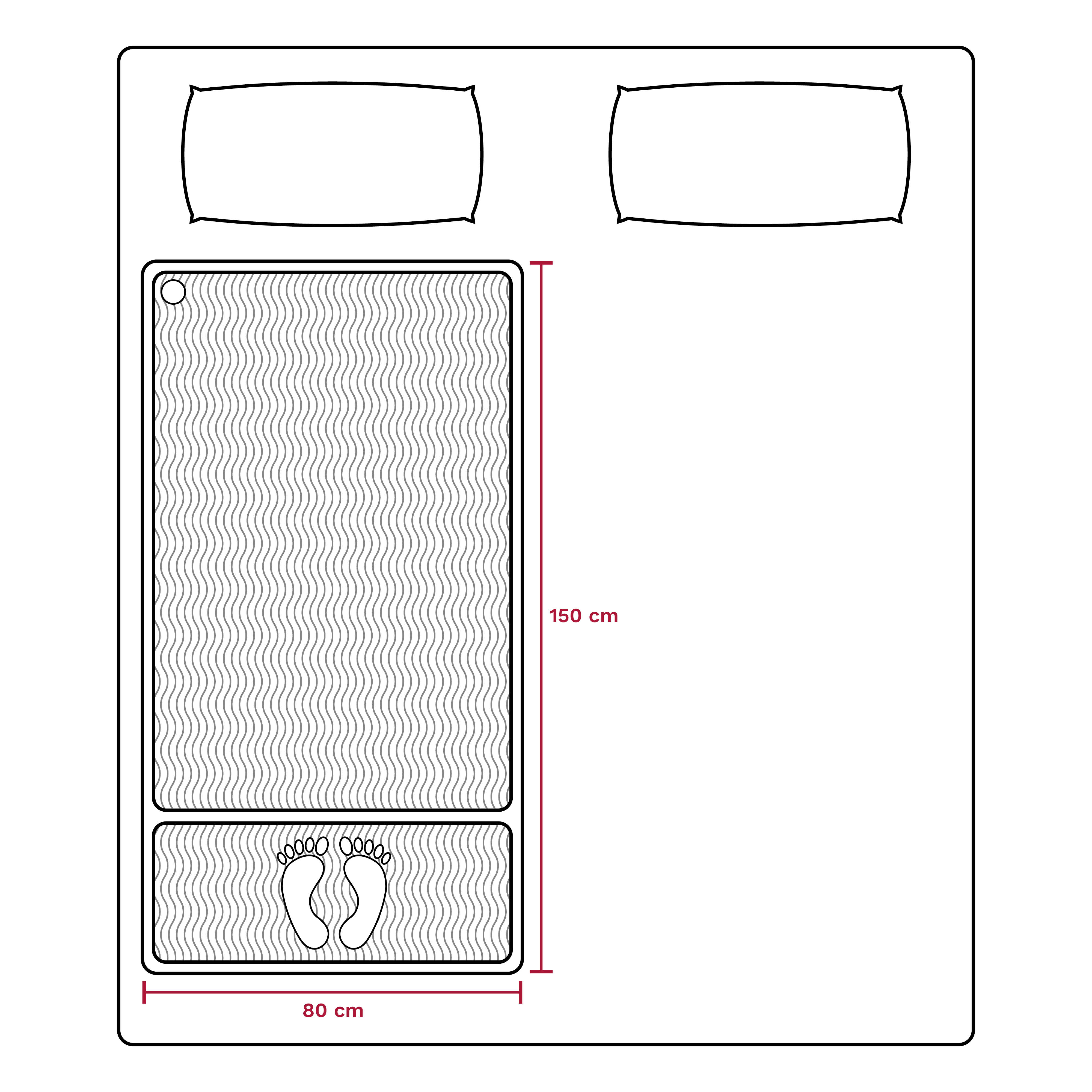 Bed outline with a narrow mattress and footprints at the bottom. Dimensions: 150cm length, 80cm width.